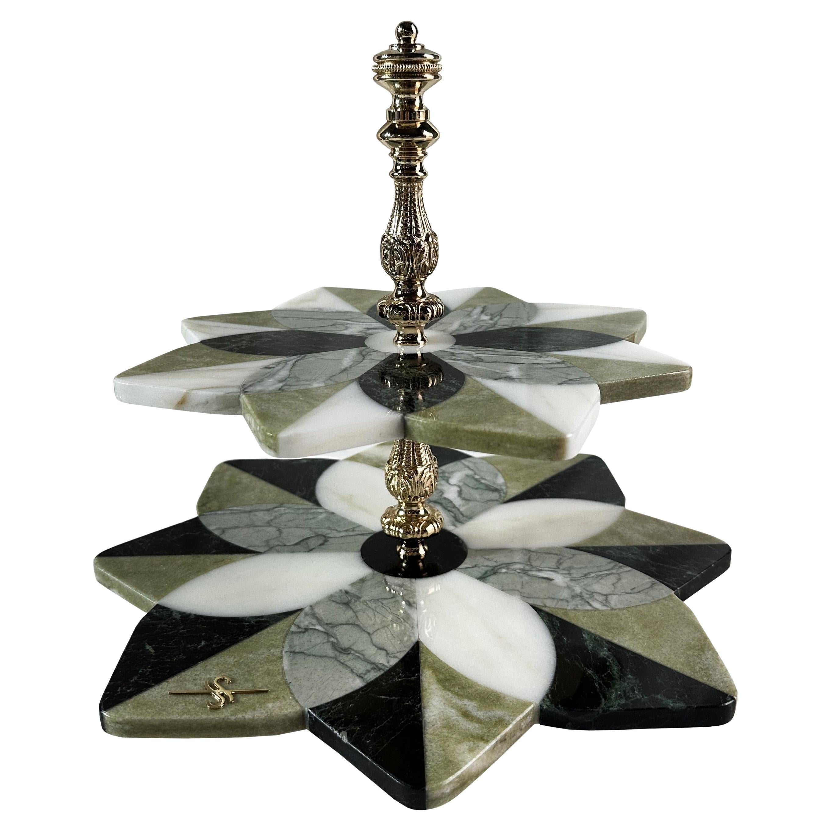 Two Plate Marble Inlay Cakestand by Euromarmi Store For Sale