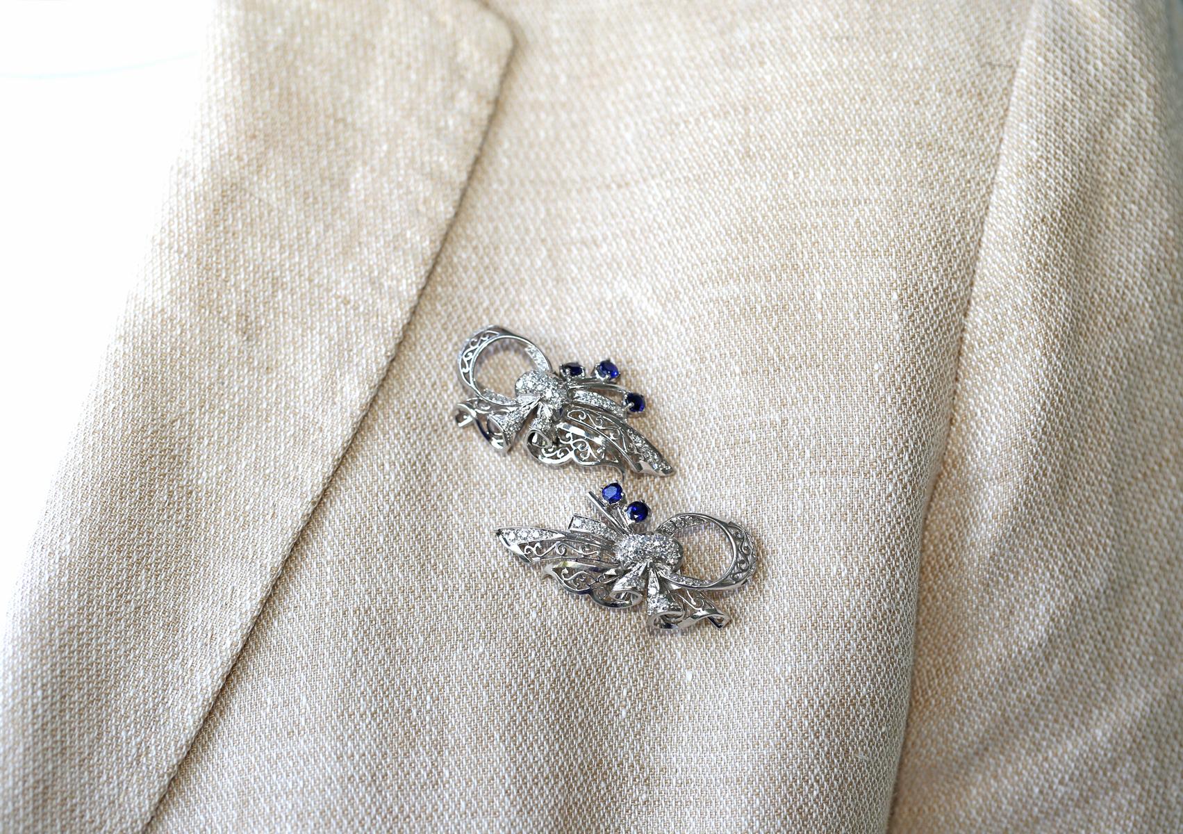 Two Platinum Brooches Sapphires Diamonds, 1930 For Sale 6