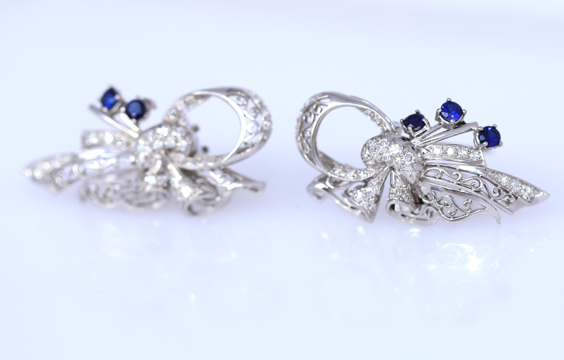 Two Platinum Brooches Sapphires Diamonds, 1930 In Fair Condition For Sale In Herzelia, Tel Aviv