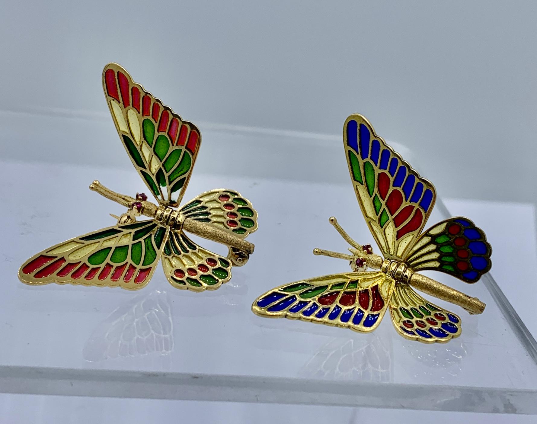 Two Plique-a-Jour Enamel Ruby Butterfly Brooches 18 Karat Gold Moveable Wings For Sale 4