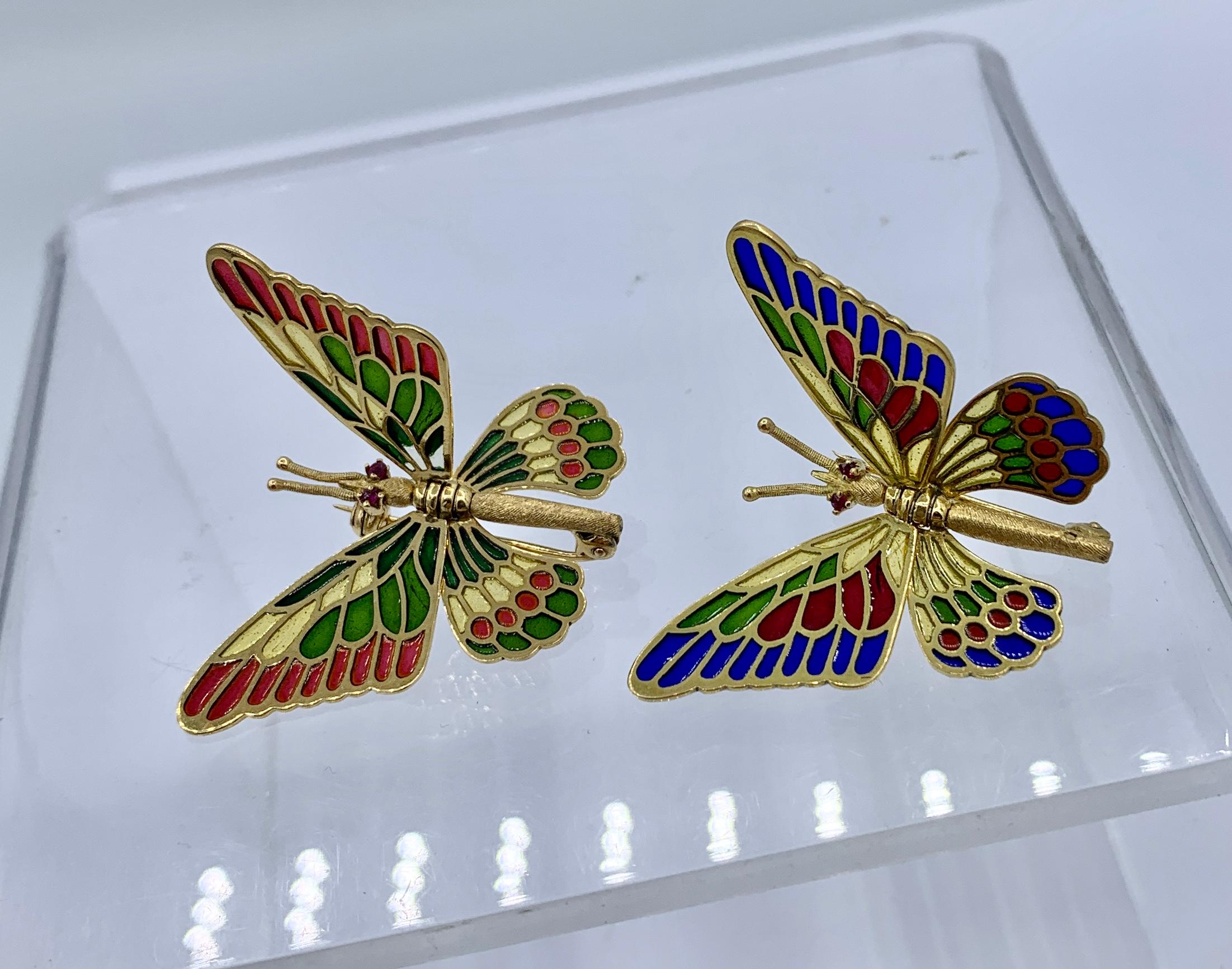 Two Plique-a-Jour Enamel Ruby Butterfly Brooches 18 Karat Gold Moveable Wings For Sale 5