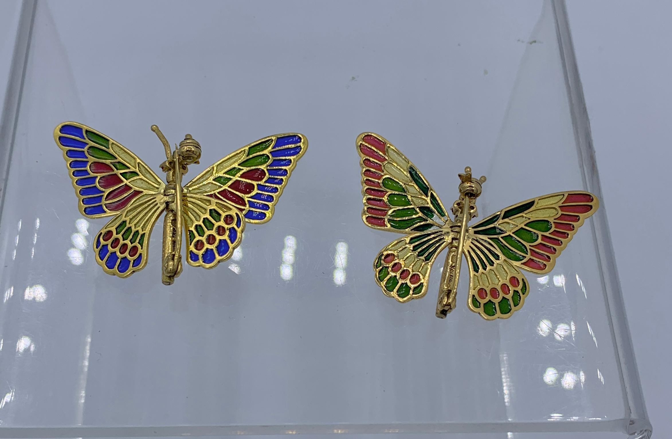 Zwei Plique-a-Jour Emaille Rubin Schmetterling Broschen 18 Karat Gold Bewegliche Flügel im Angebot 7