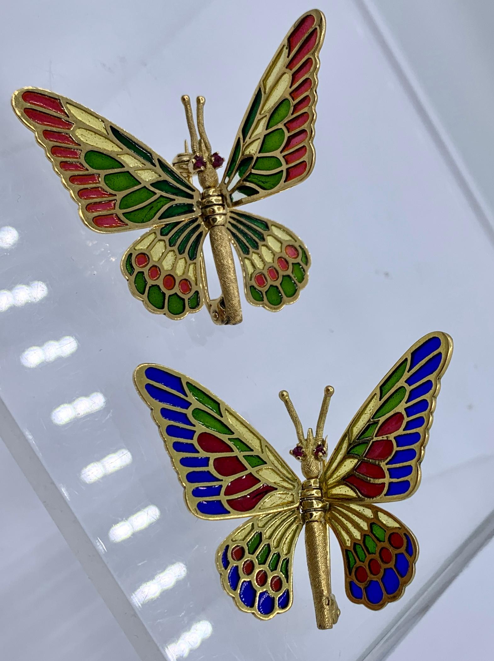 Retro Two Plique-a-Jour Enamel Ruby Butterfly Brooches 18 Karat Gold Moveable Wings For Sale