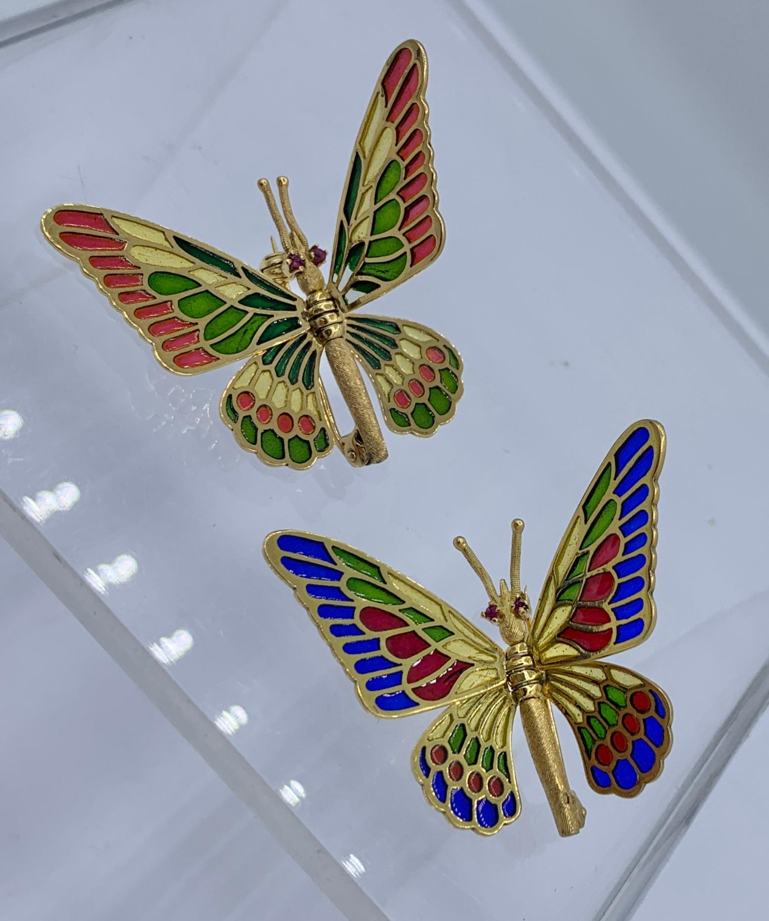 Women's Two Plique-a-Jour Enamel Ruby Butterfly Brooches 18 Karat Gold Moveable Wings For Sale