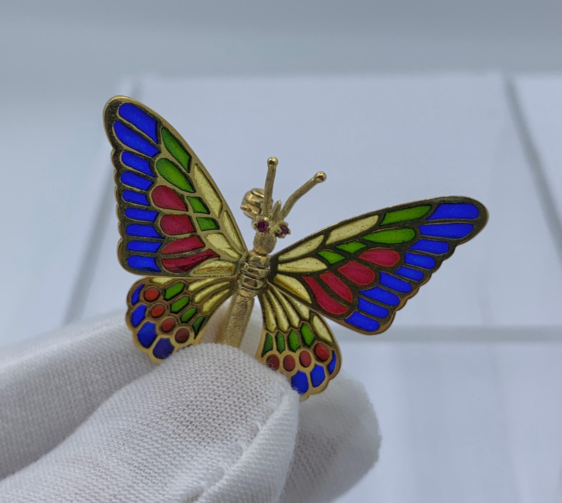 Two Plique-a-Jour Enamel Ruby Butterfly Brooches 18 Karat Gold Moveable Wings For Sale 1