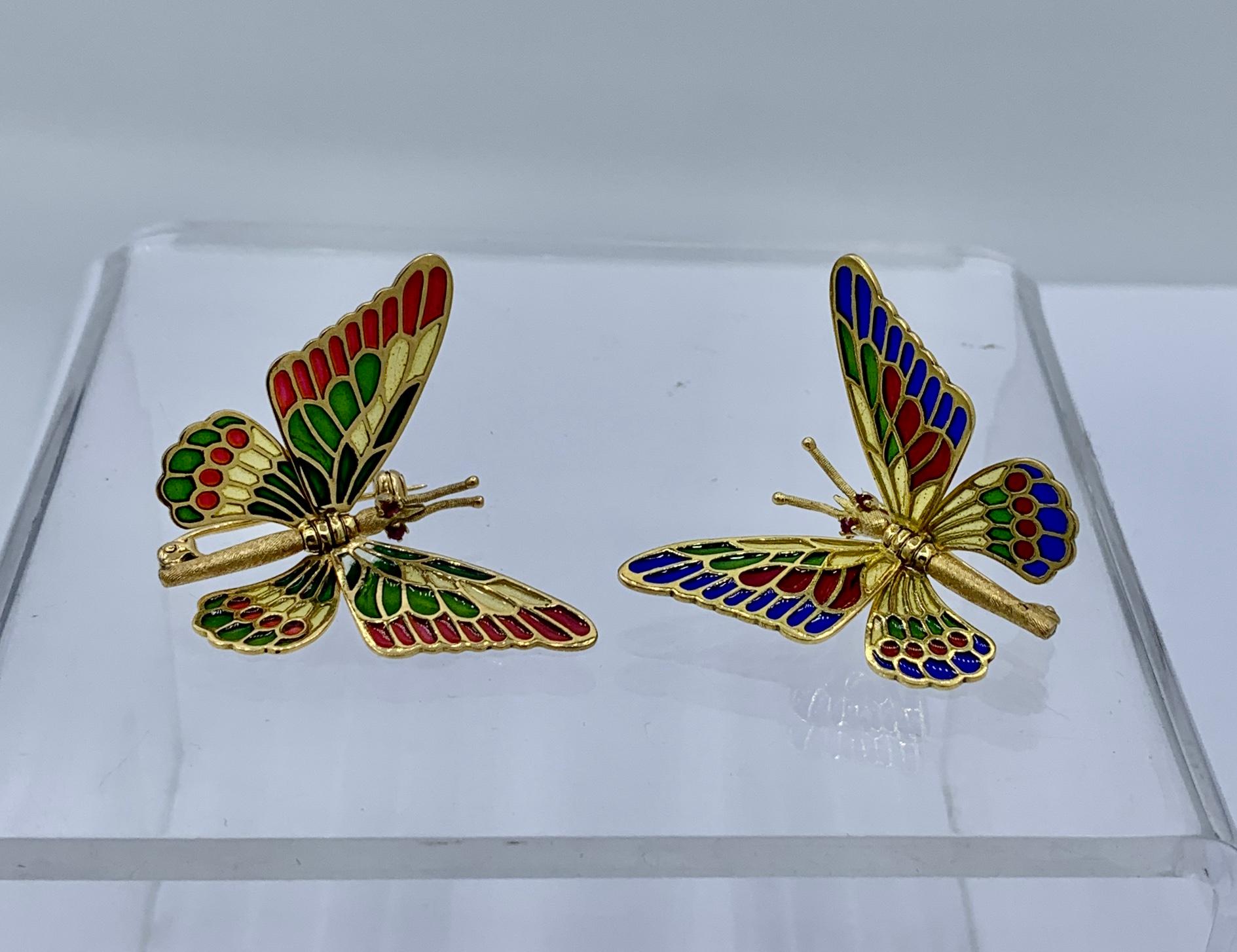 Deux broches papillon Plique-a-Jour en émail rubis, or 18 carats, ailes mobiles en vente 2