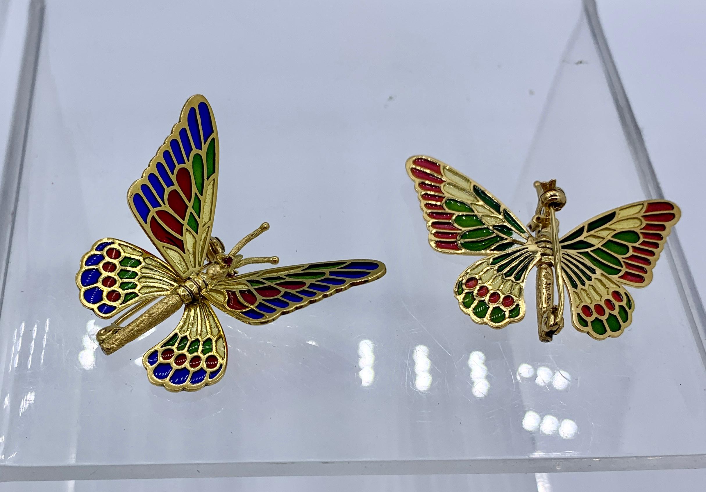 Two Plique-a-Jour Enamel Ruby Butterfly Brooches 18 Karat Gold Moveable Wings For Sale 3