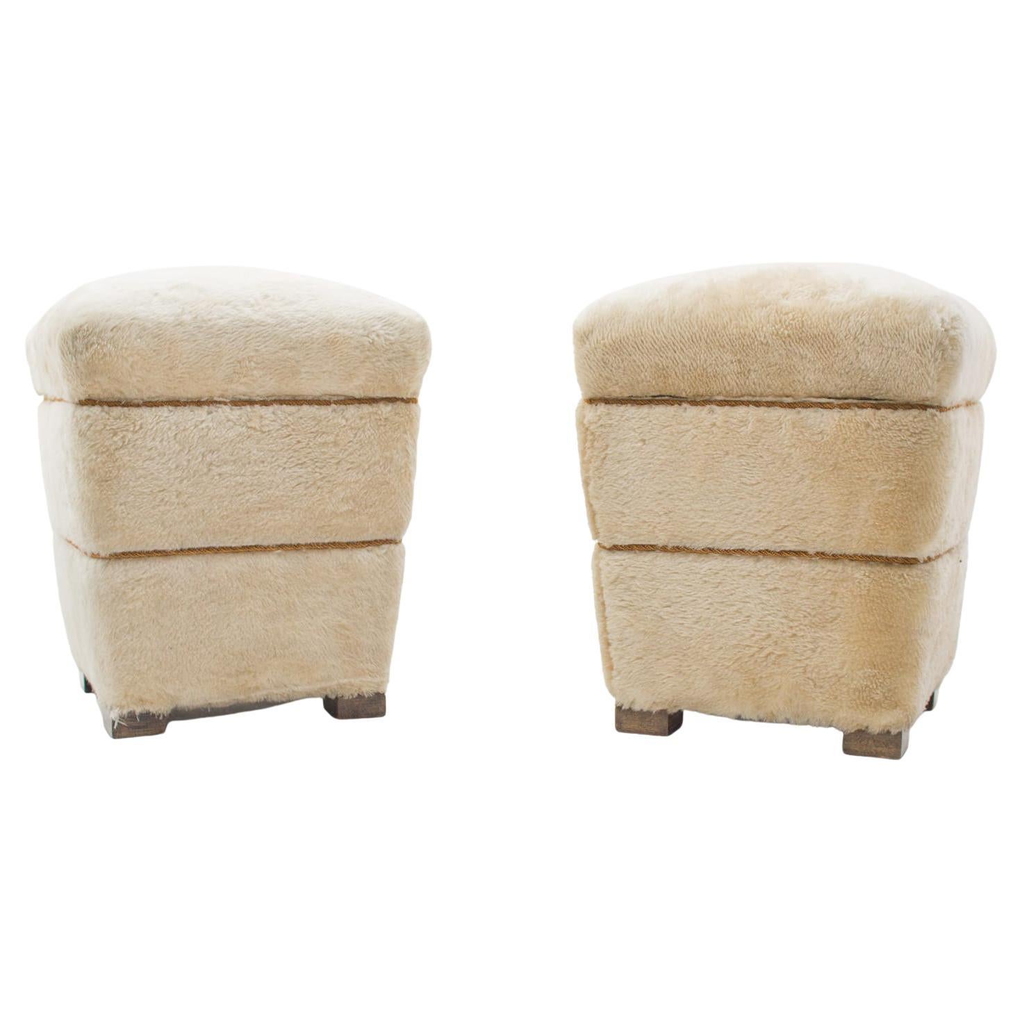 Two Plush Stools with Storage, 1950s France