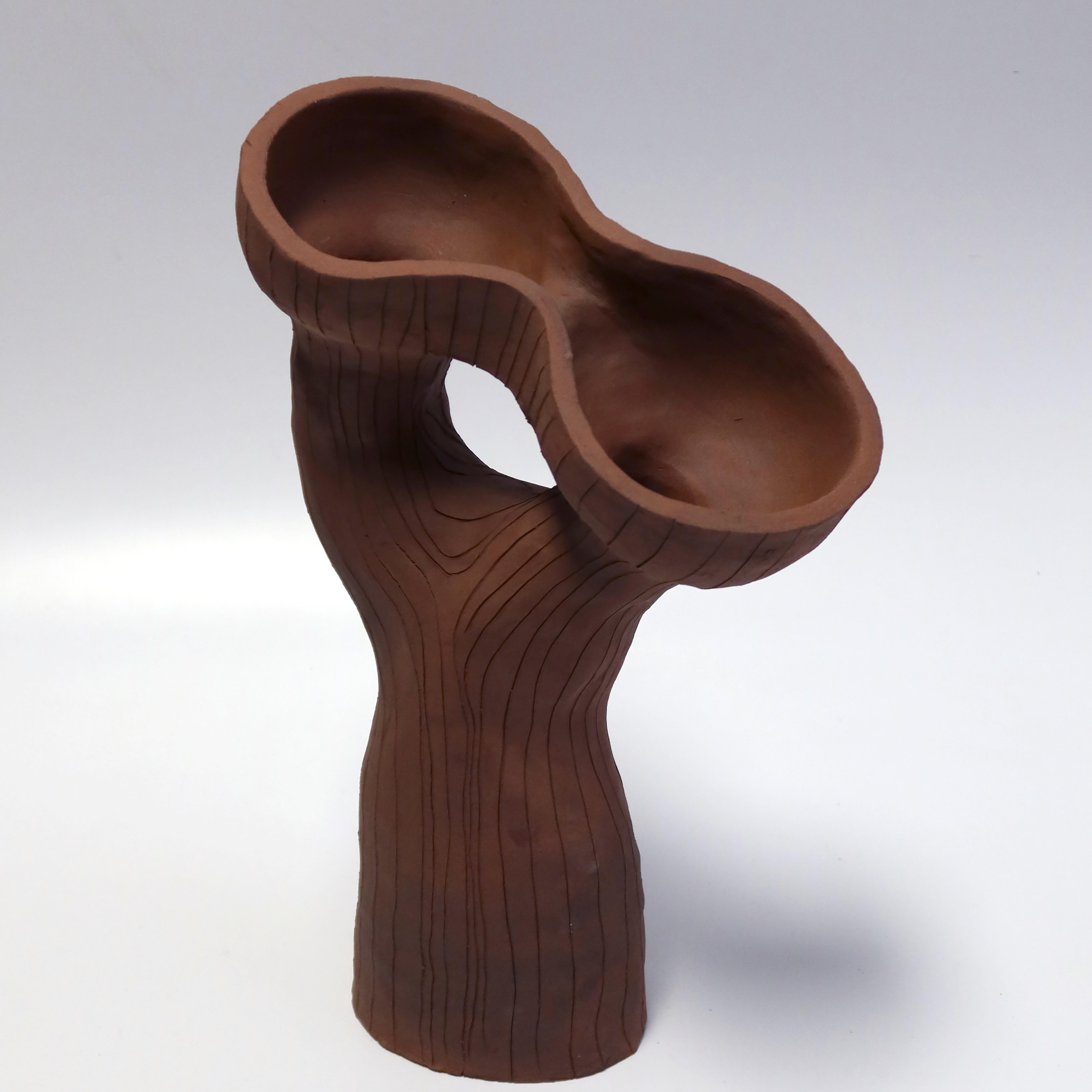 Two pod, one stem large by Jan Ernst
Dimensions: H 35 cm
Materials: Terracotta

Jan Ernst’s work takes on an experimental approach, as he prefers making bespoke pieces by hand. His organic design stems from his
abstract understanding of form
