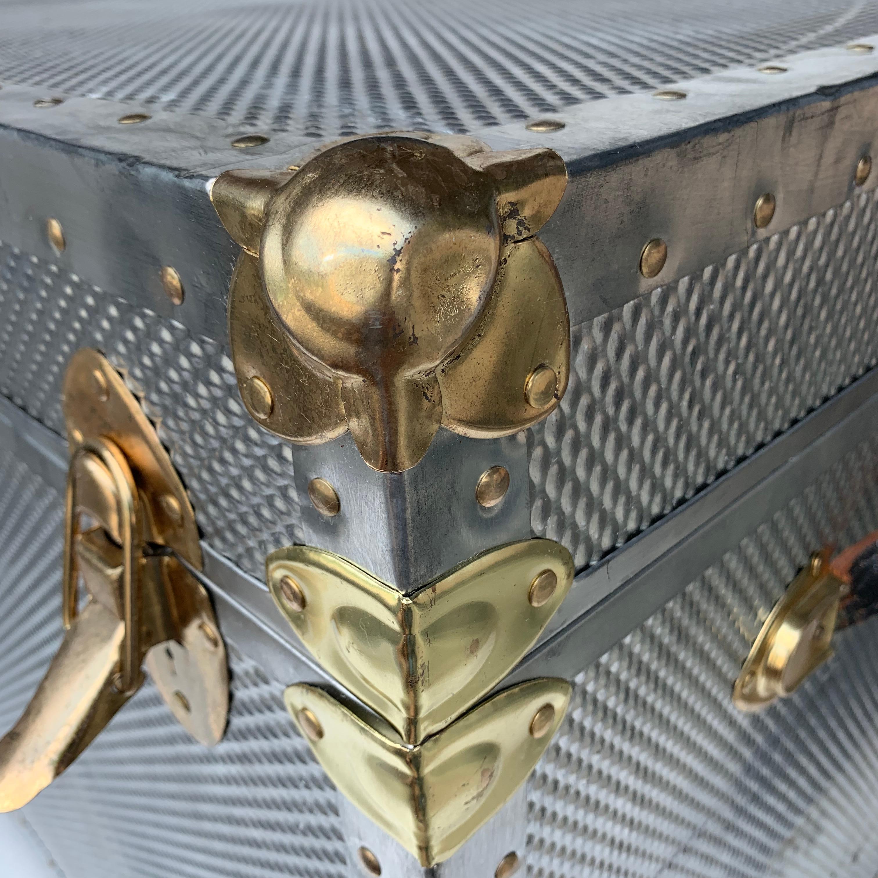 Two Polished Diamond Aluminum and Brass Streamer Trunks 3