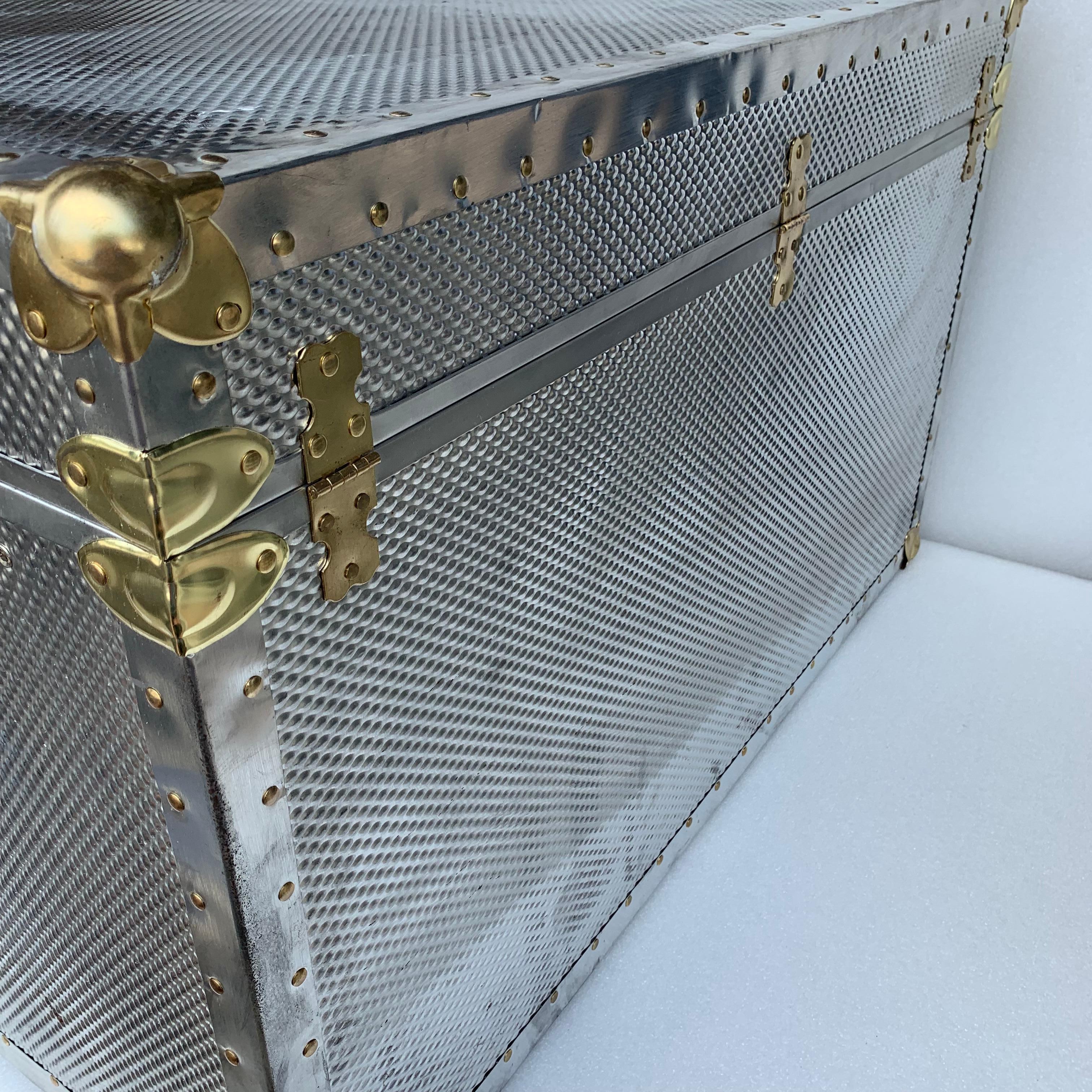 Two Polished Diamond Aluminum and Brass Streamer Trunks 4
