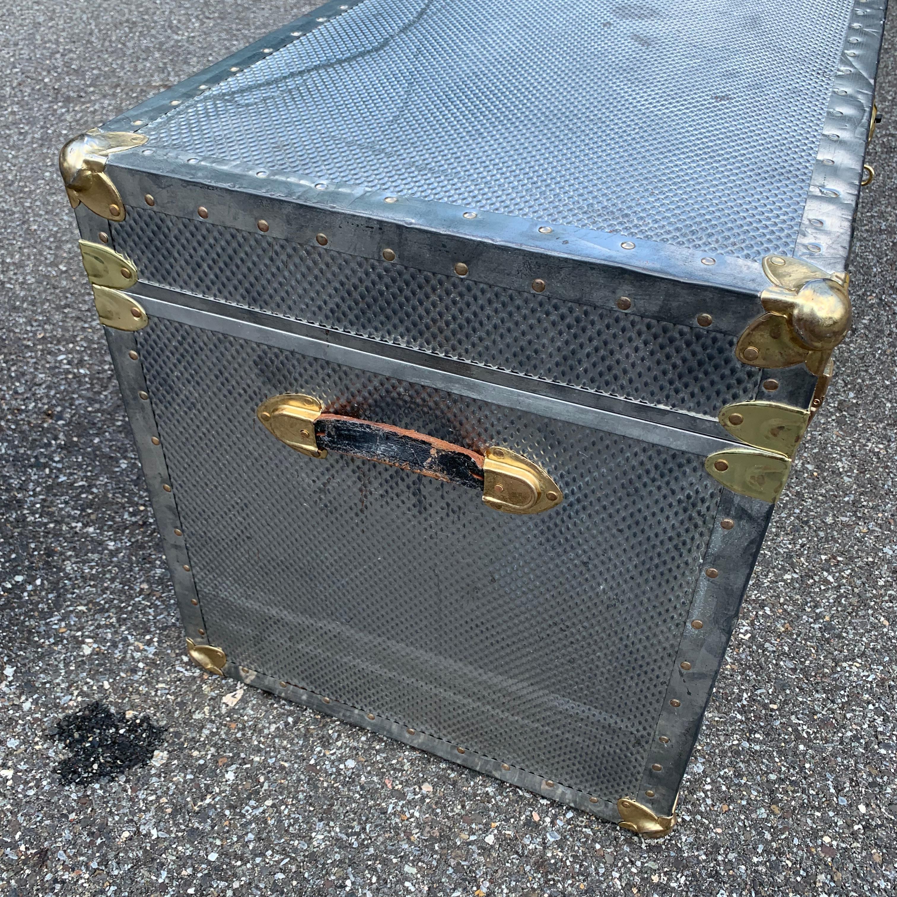 Two Polished Diamond Aluminum and Brass Streamer Trunks 7
