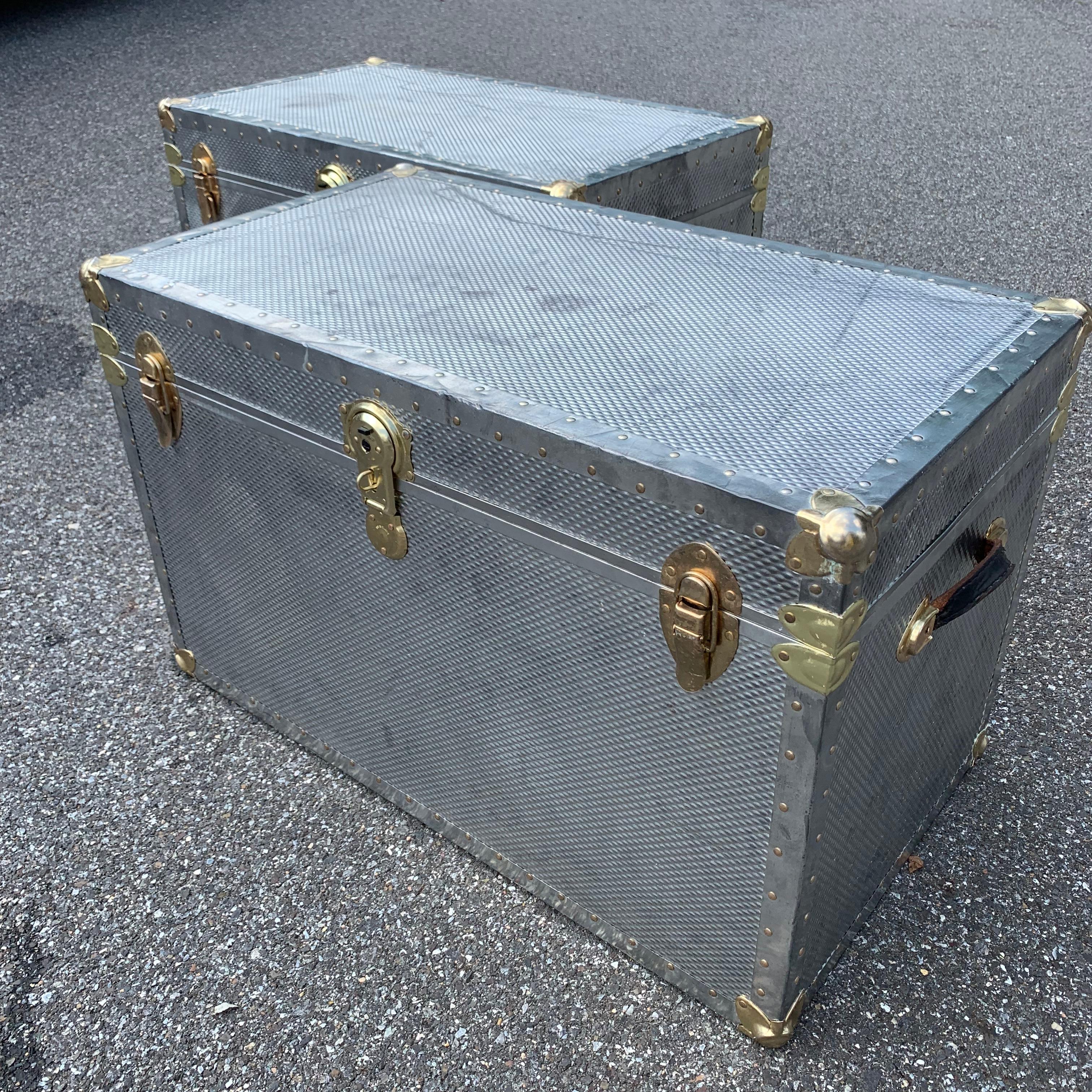 Two Polished Diamond Aluminum and Brass Streamer Trunks 9