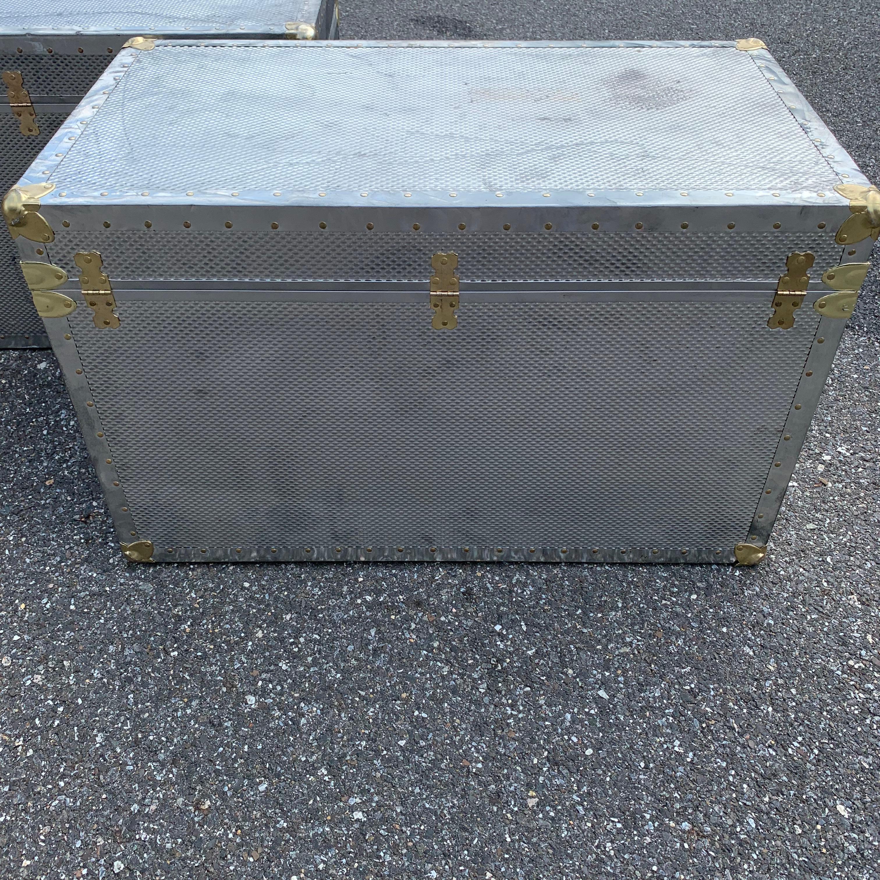 Two Polished Diamond Aluminum and Brass Streamer Trunks 10