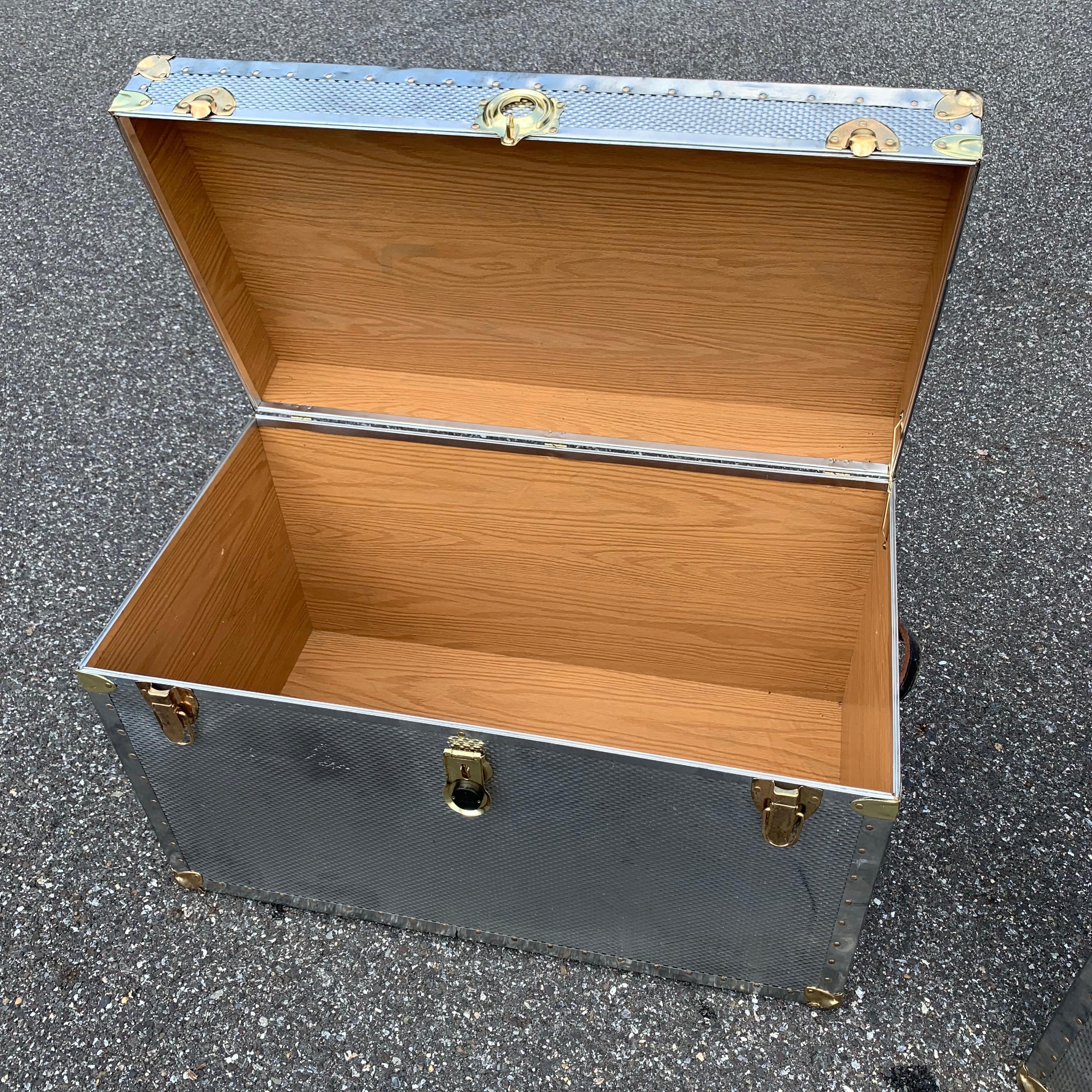 Two Polished Diamond Aluminum and Brass Streamer Trunks 11