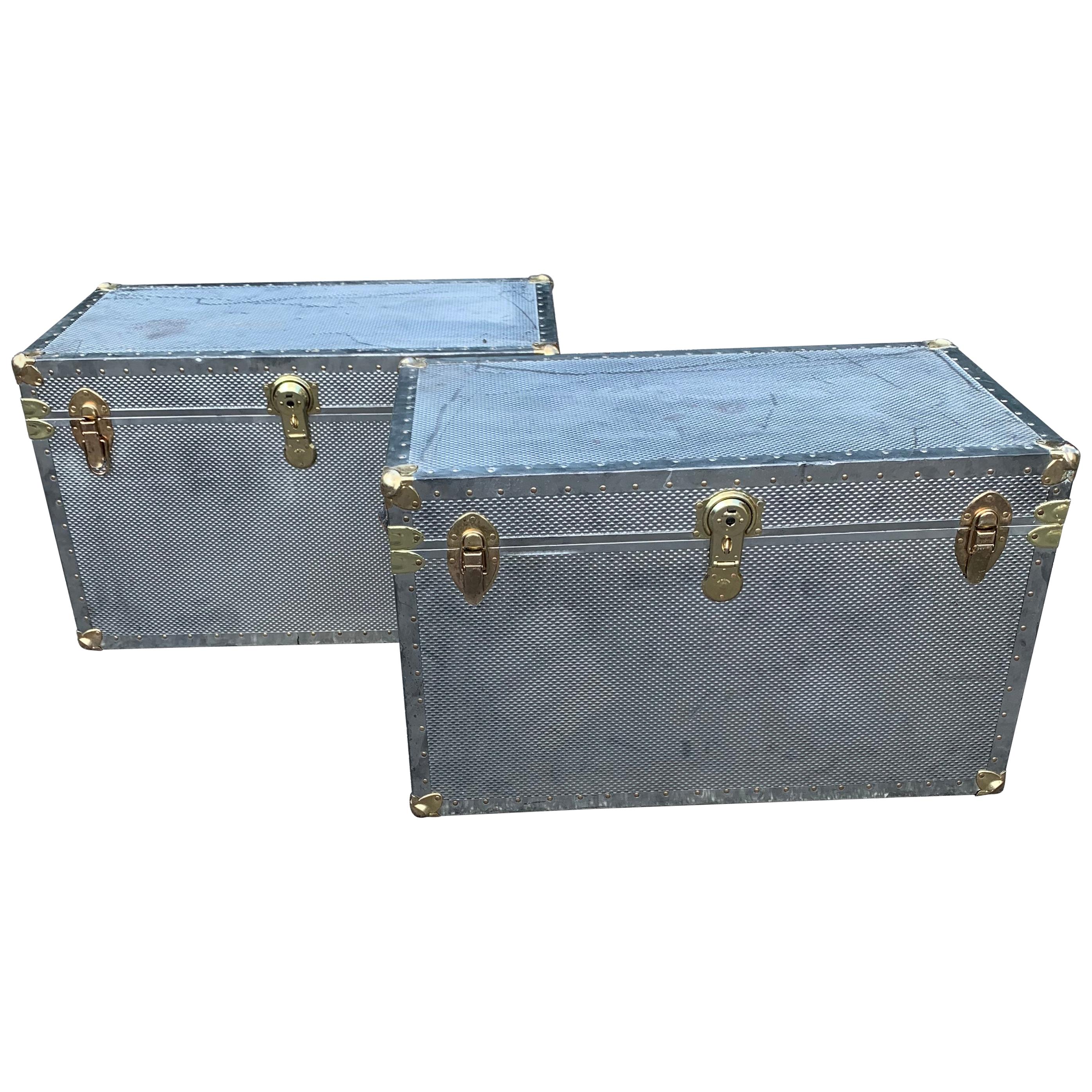 Two Polished Diamond Aluminum and Brass Streamer Trunks