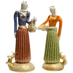 Two Polychrome Figurine, Lattimo Color and Gold, Murano in the Style of Barovier