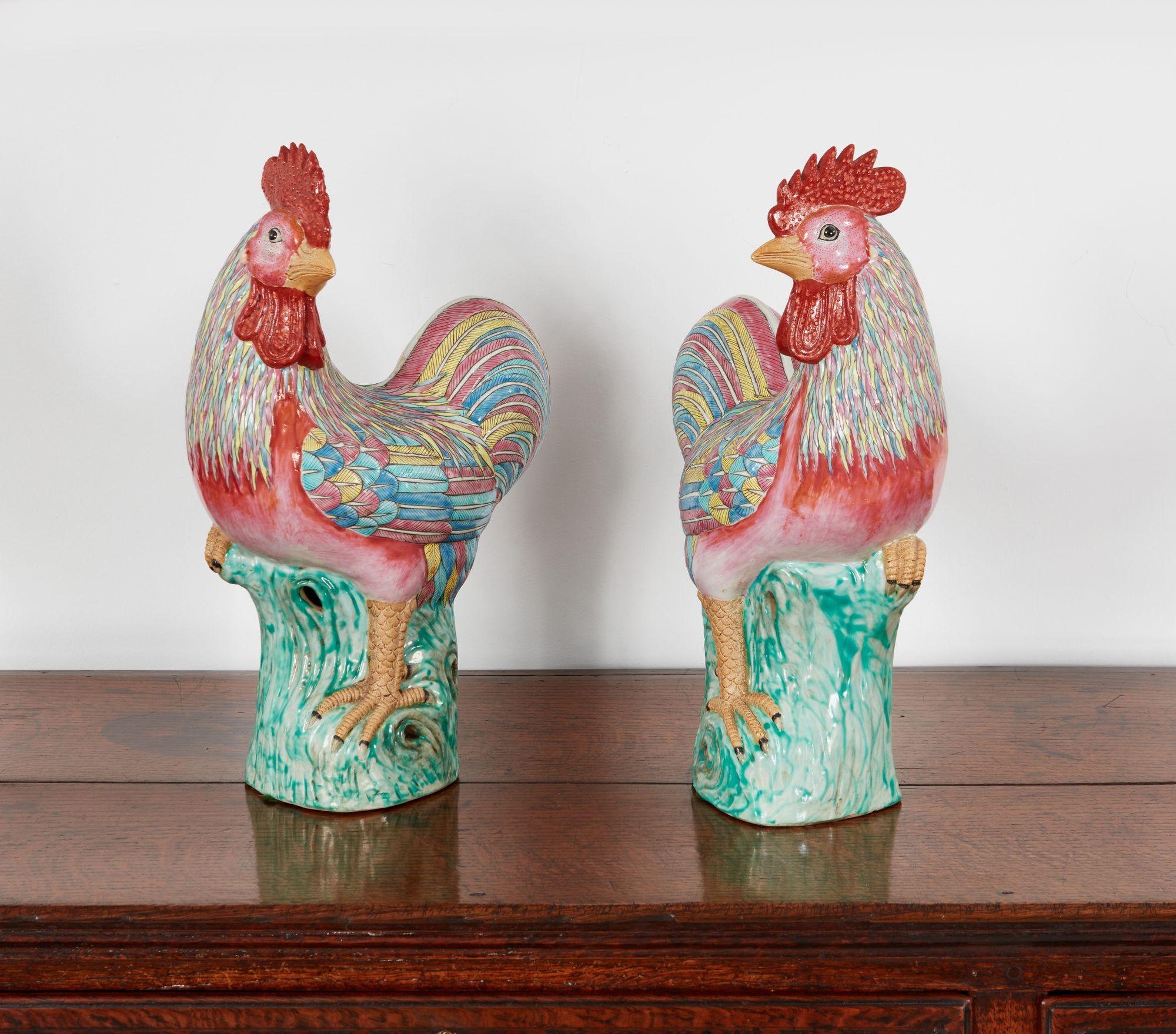 Chinese Export Two Polychrome Roosters For Sale