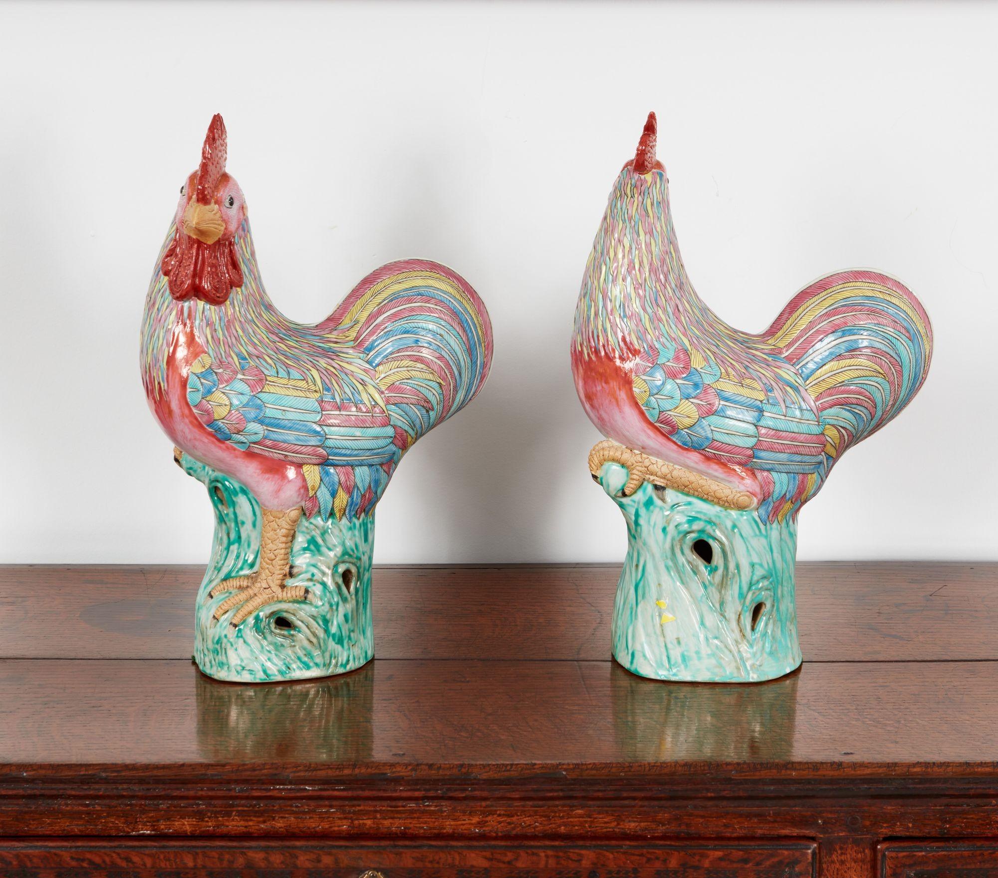 English Two Polychrome Roosters For Sale