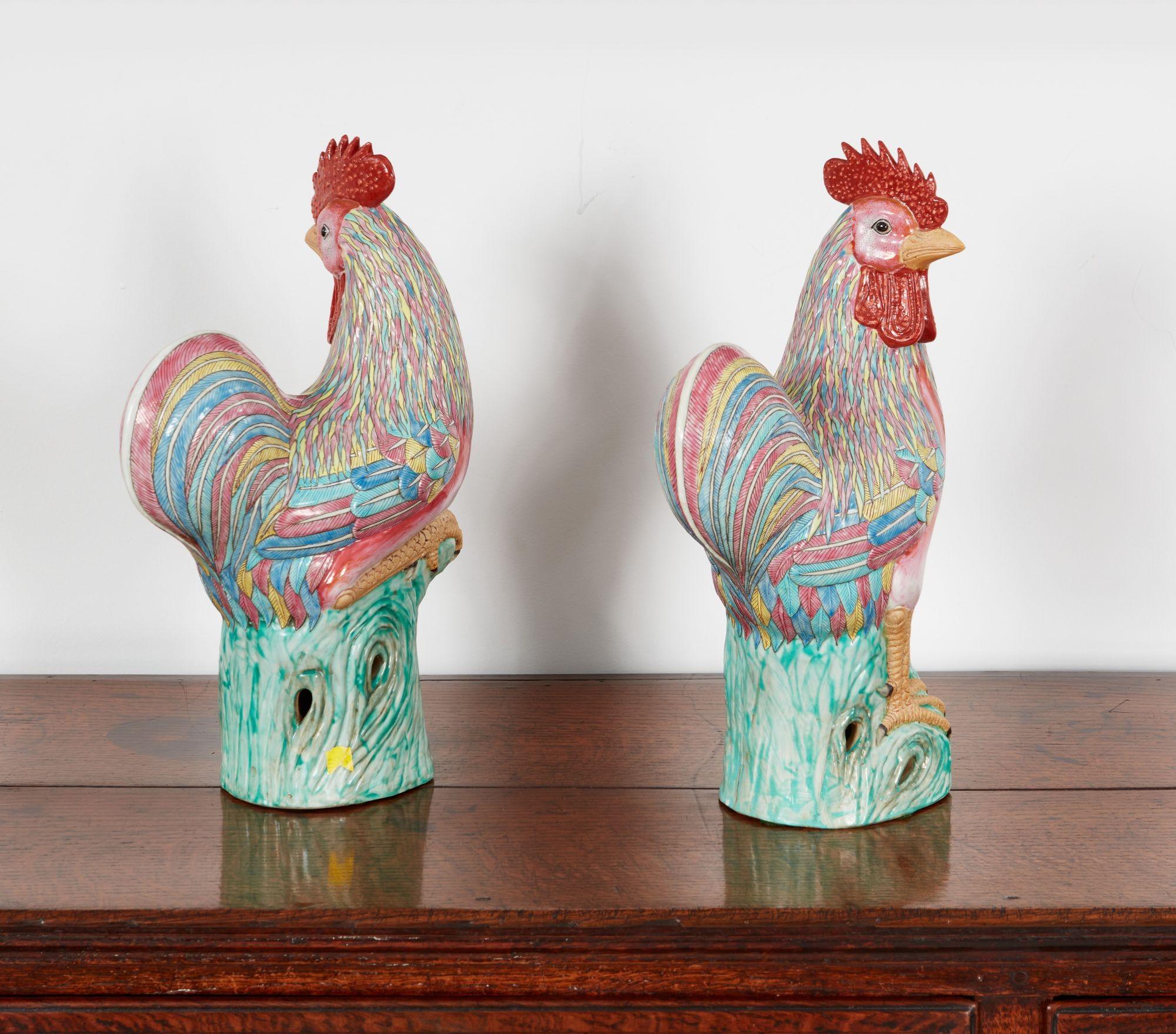 Glazed Two Polychrome Roosters For Sale