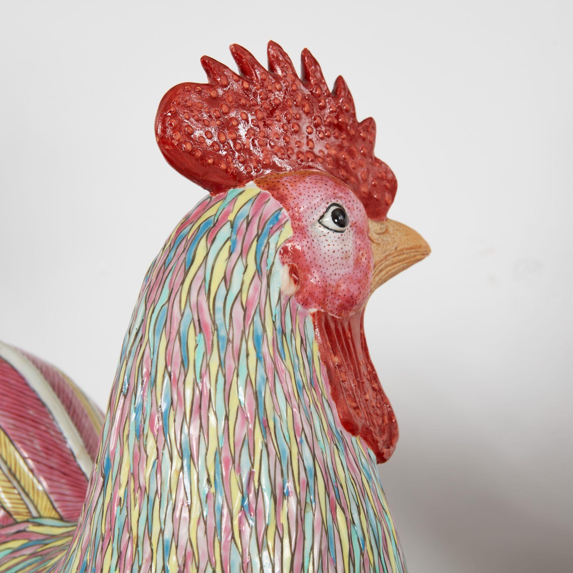 Early 20th Century Two Polychrome Roosters For Sale