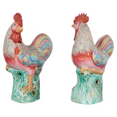 Antique Two Polychrome Roosters