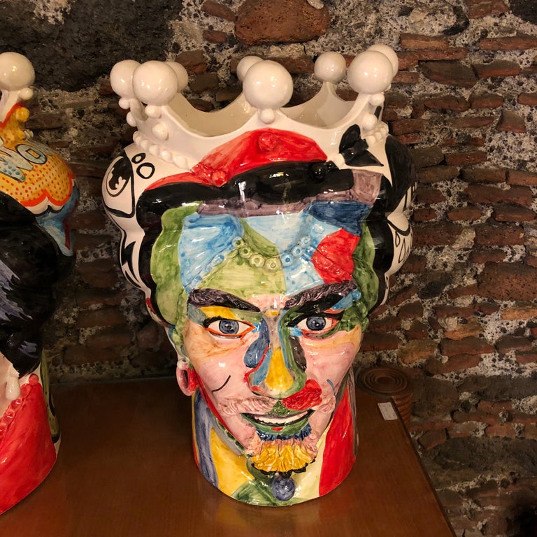 Two Pop Art Inspired Hand Painted Clay Sicilian Moro's Head Vases at
