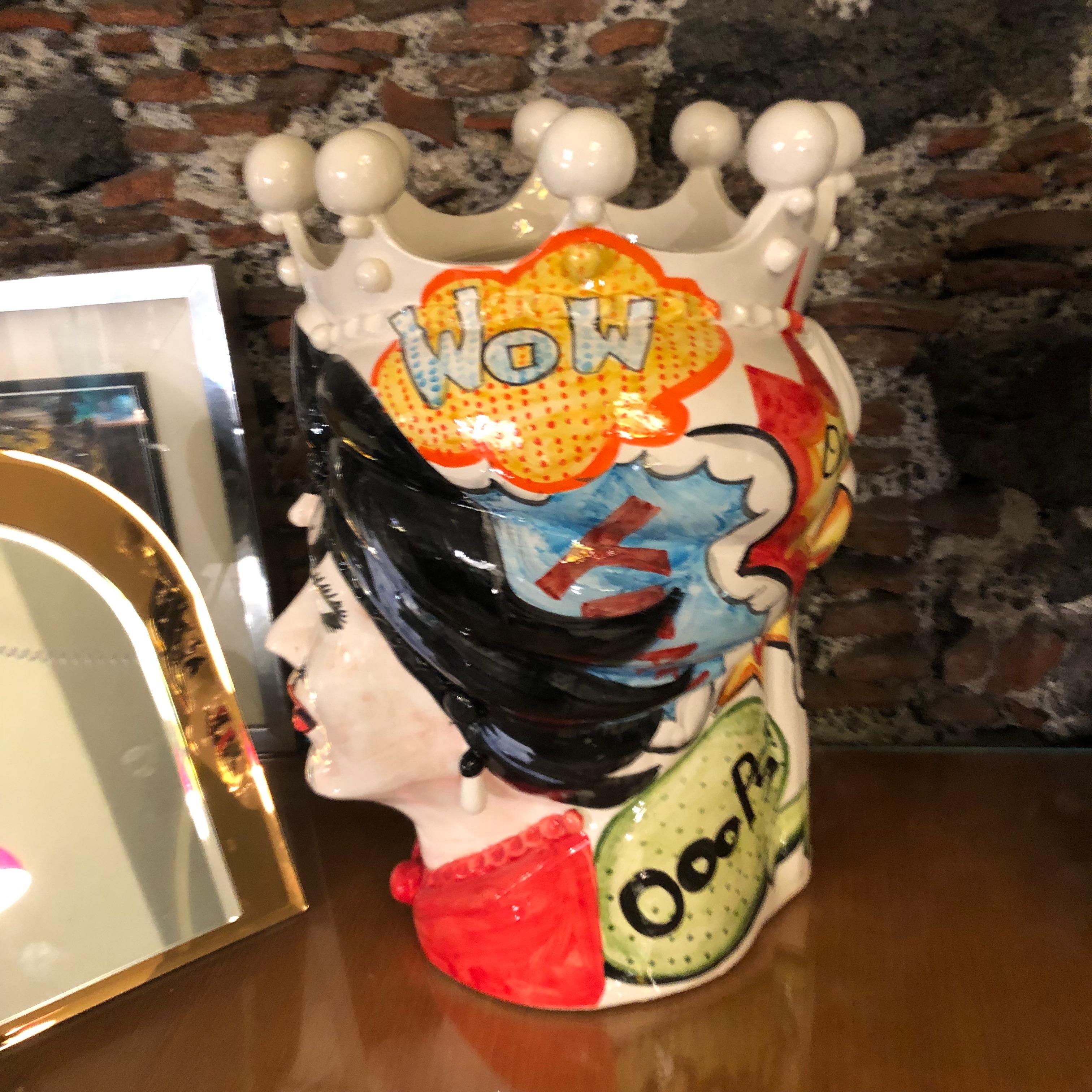 Two Pop Art Inspired Hand Painted Clay Sicilian Moro's Head Vases In Good Condition In Aci Castello, IT