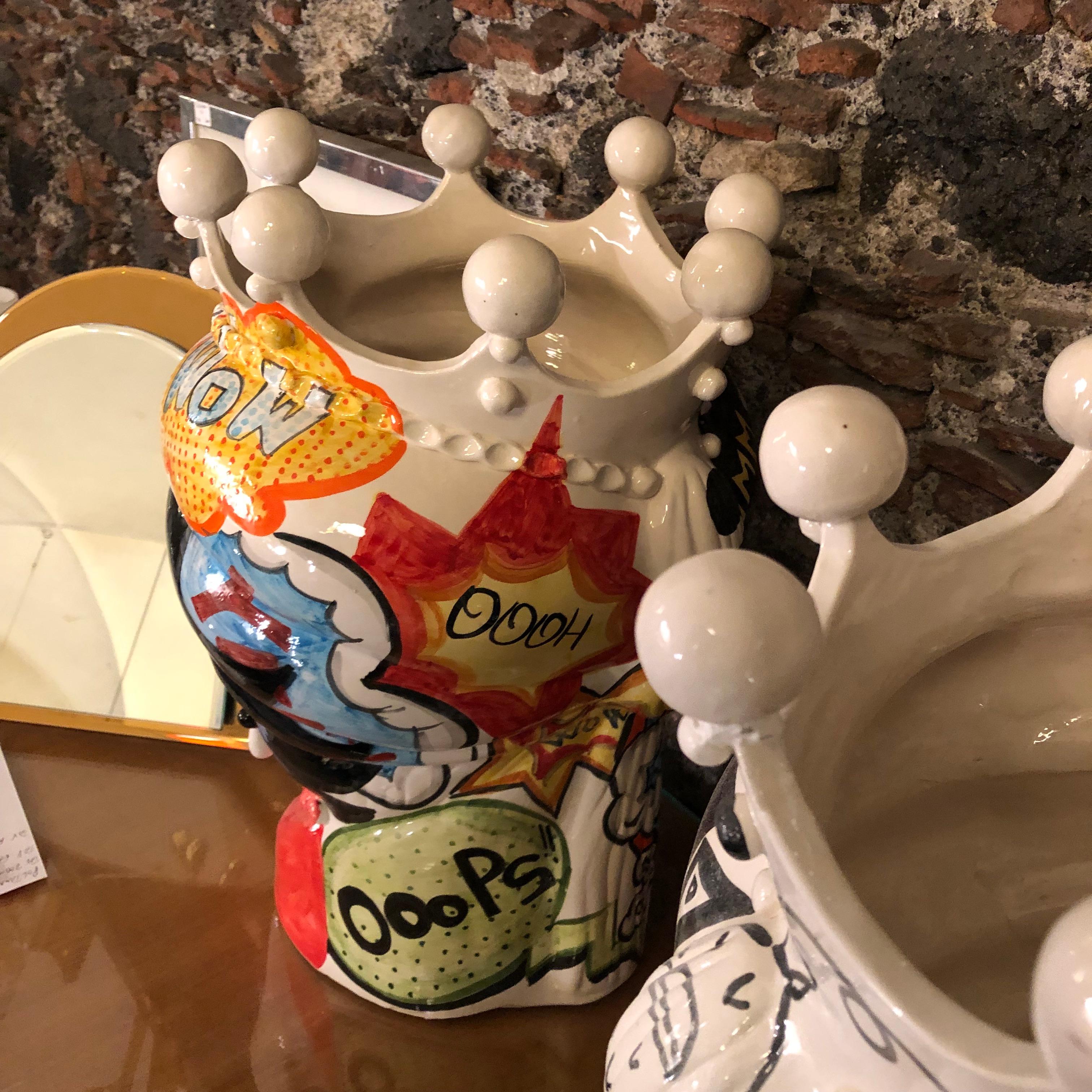 Contemporary Two Pop Art Inspired Hand Painted Clay Sicilian Moro's Head Vases