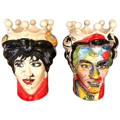 Two Pop Art Inspired Hand Painted Clay Sicilian Moro's Head Vases