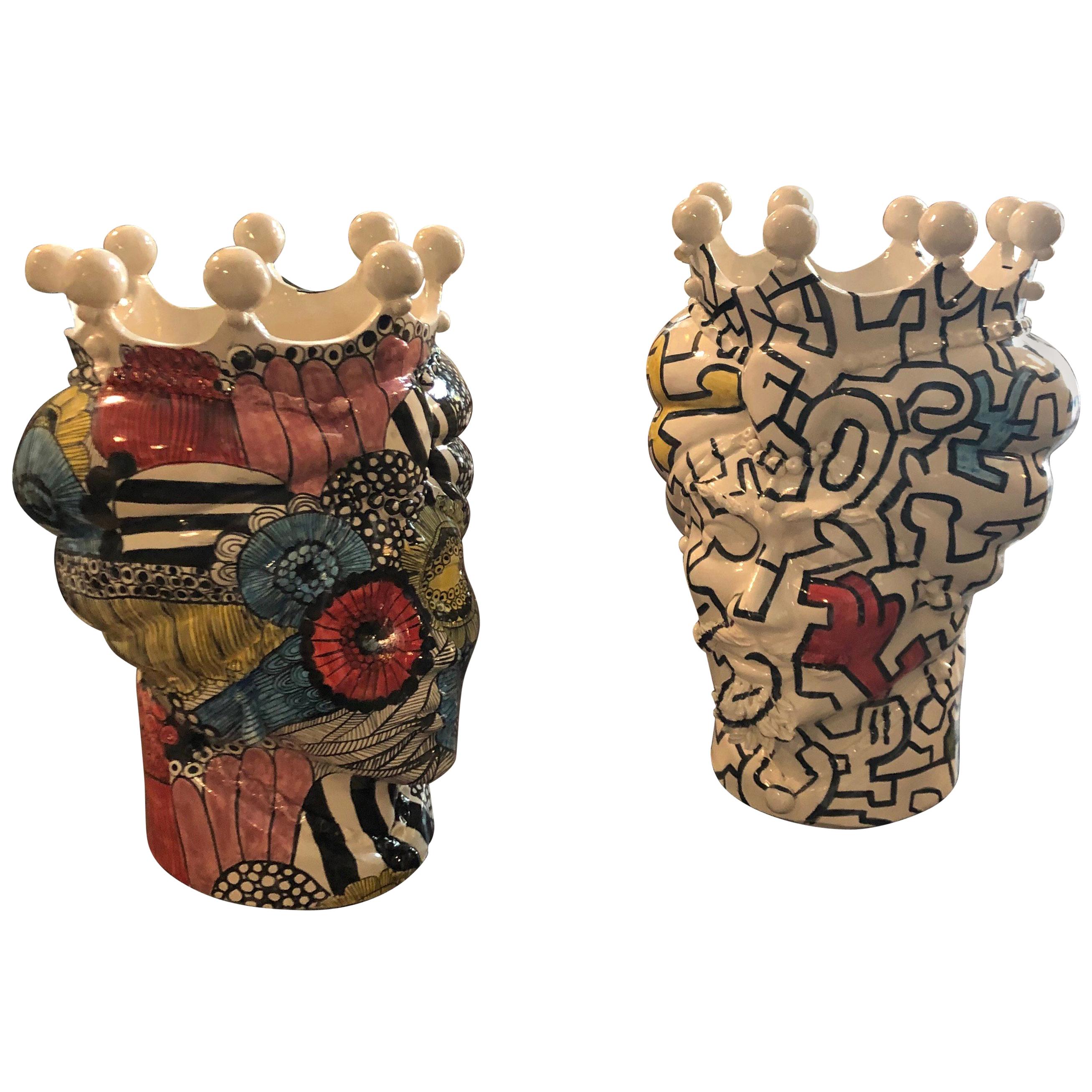 Two Pop Art Inspired Hand Painted Clay Sicilian Moro's Head Vases