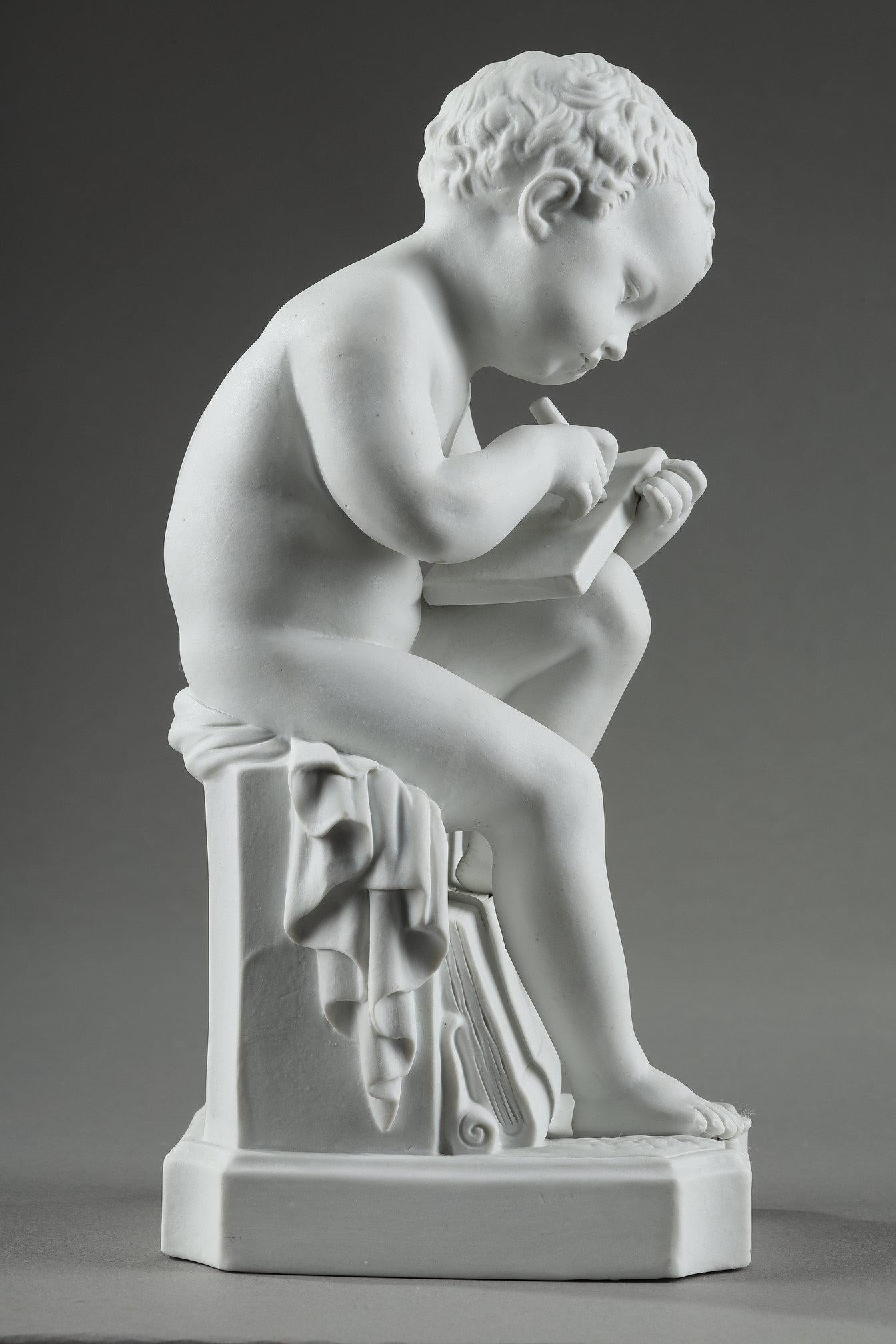 Two porcelain biscuit figurines of The Child Reading and The Child Drawing For Sale 4