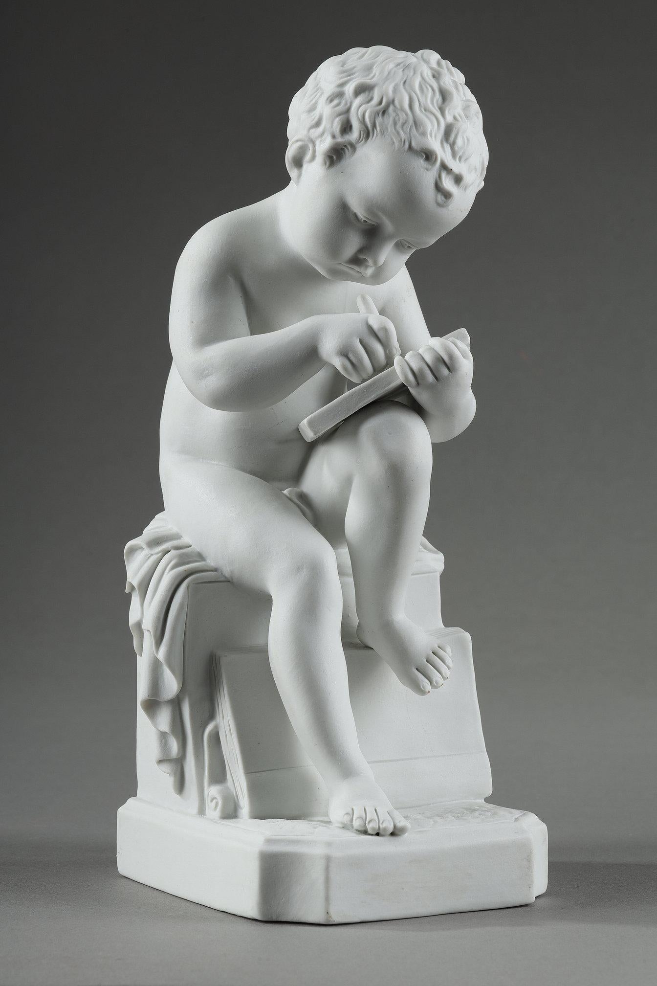 French Two porcelain biscuit figurines of The Child Reading and The Child Drawing For Sale