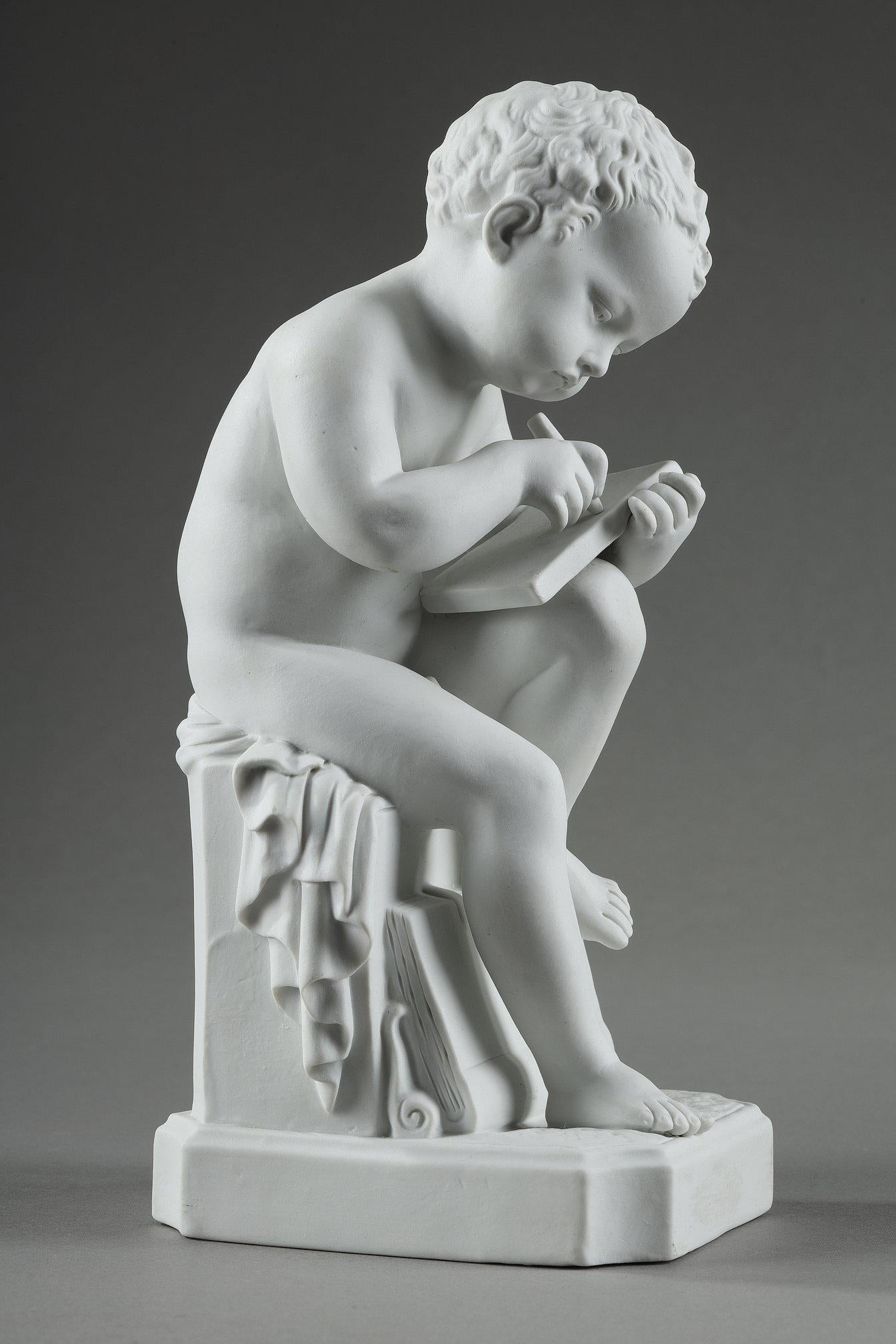 Porcelain Two porcelain biscuit figurines of The Child Reading and The Child Drawing For Sale