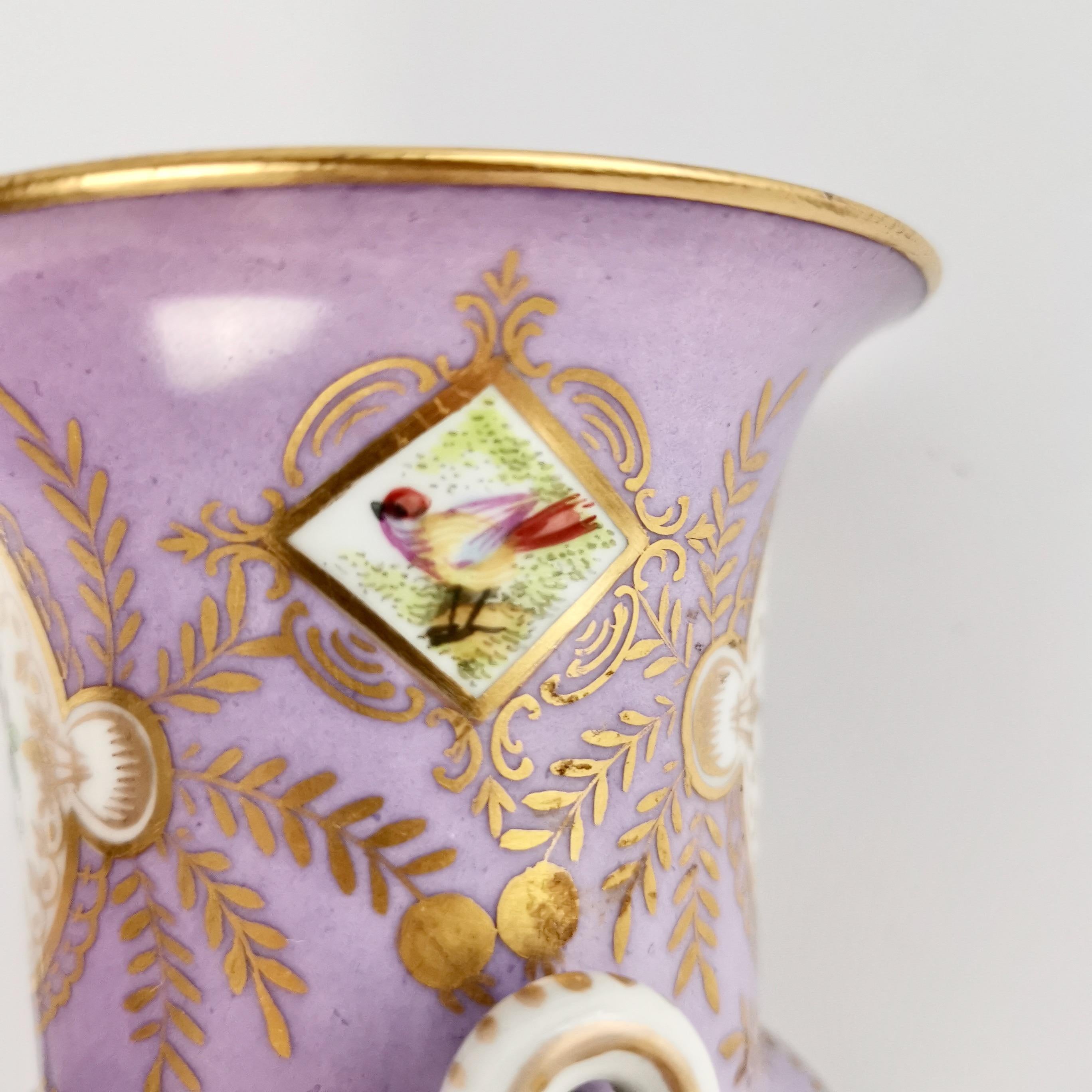 Two Porcelain Campana Vases Attr. to Edmé Samson, Lilac, Birds, Flowers, 19th C 3