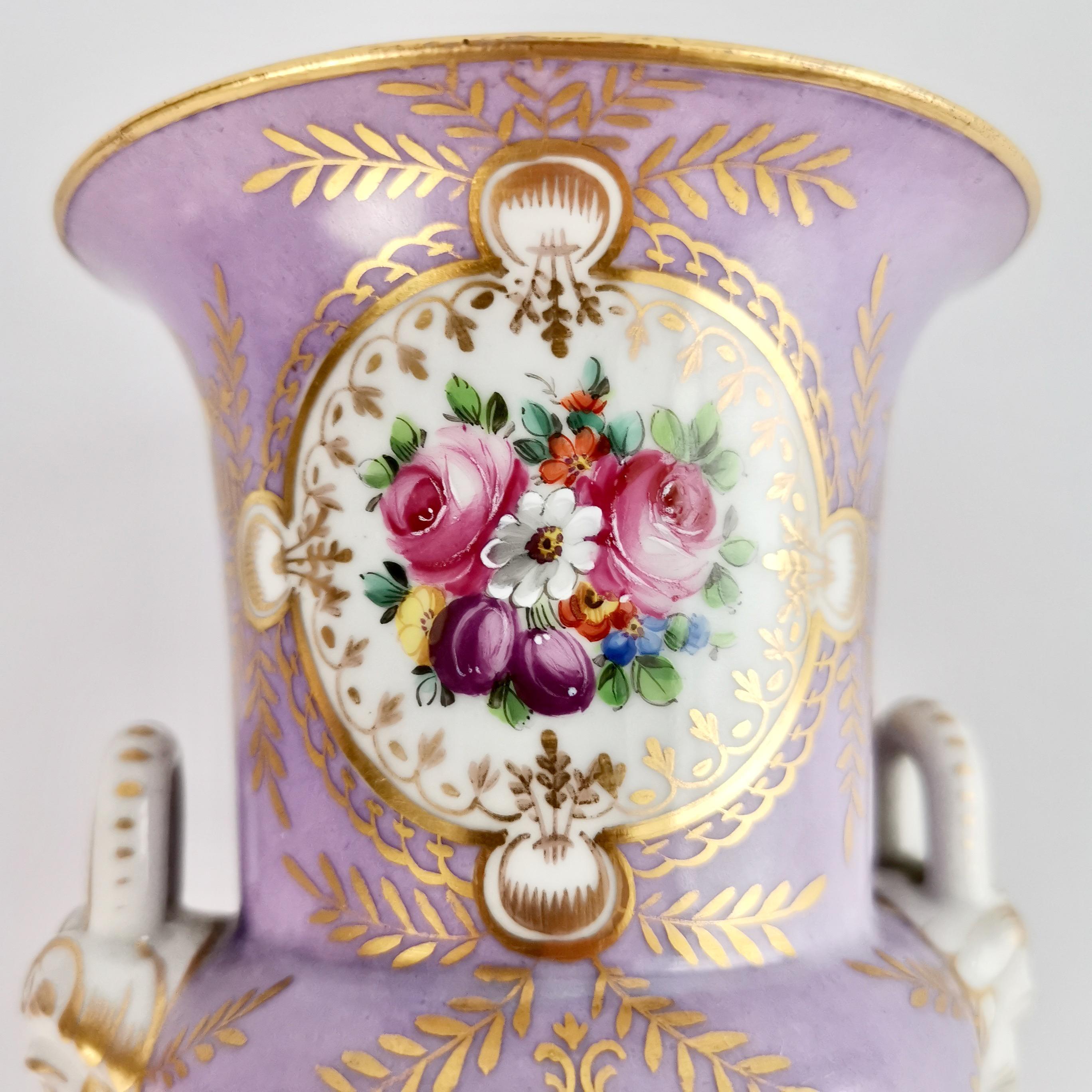 Regency Two Porcelain Campana Vases Attr. to Edmé Samson, Lilac, Birds, Flowers, 19th C