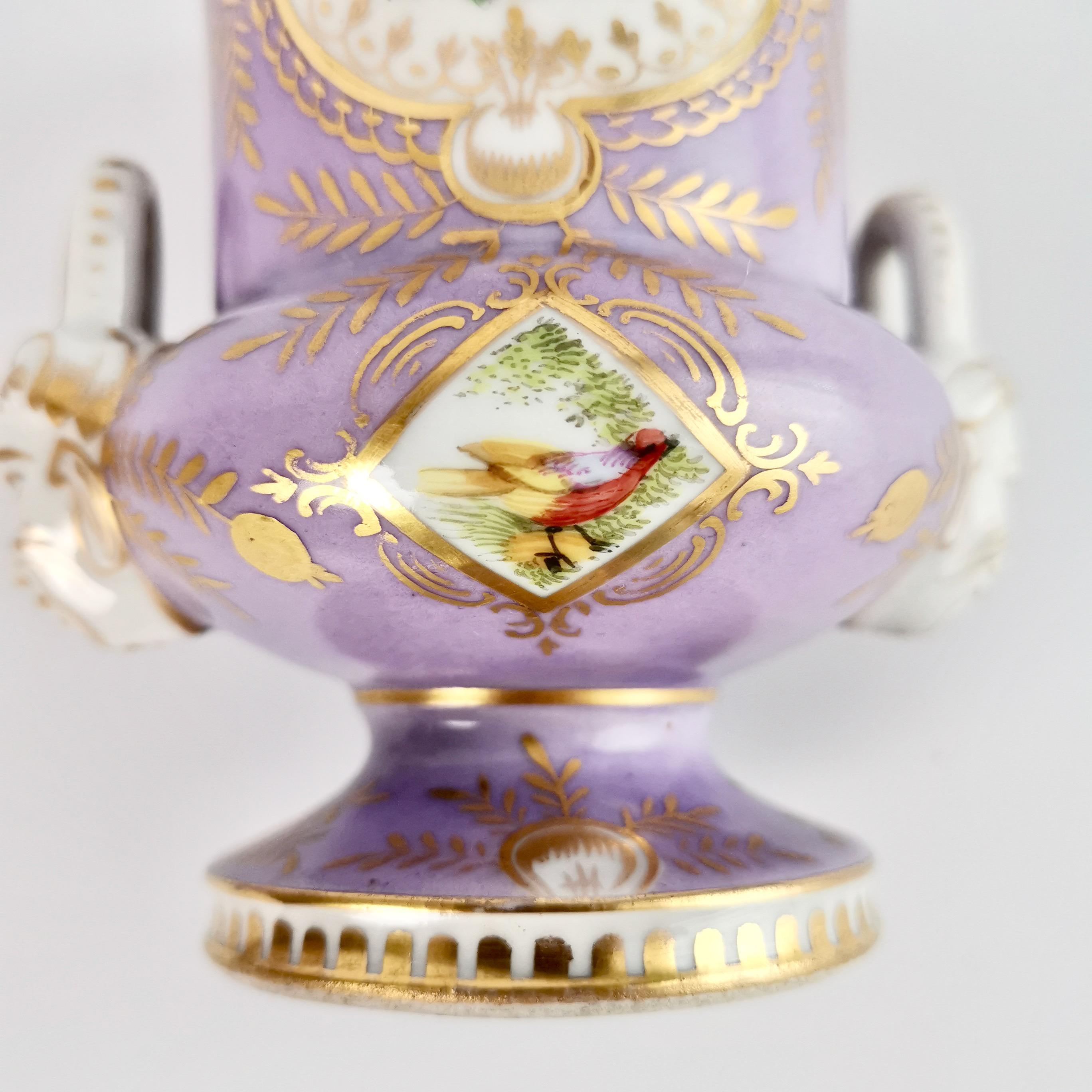 English Two Porcelain Campana Vases Attr. to Edmé Samson, Lilac, Birds, Flowers, 19th C