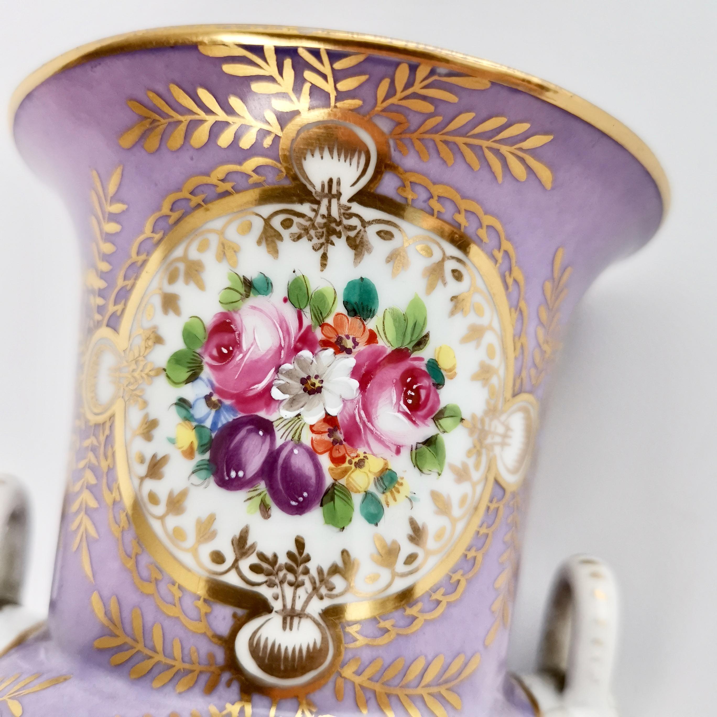 Hand-Painted Two Porcelain Campana Vases Attr. to Edmé Samson, Lilac, Birds, Flowers, 19th C