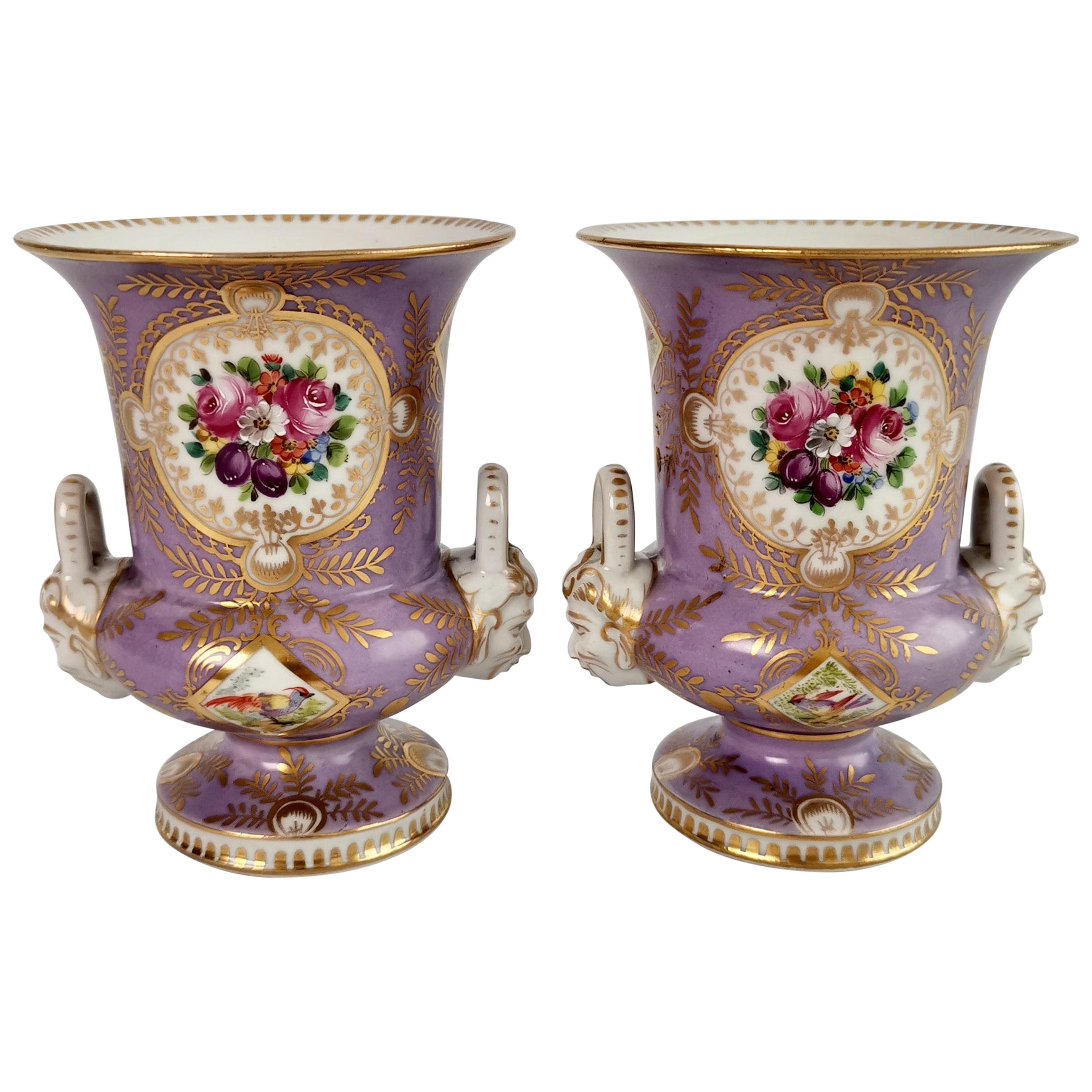 Two Porcelain Campana Vases Attr. to Edmé Samson, Lilac, Birds, Flowers, 19th C