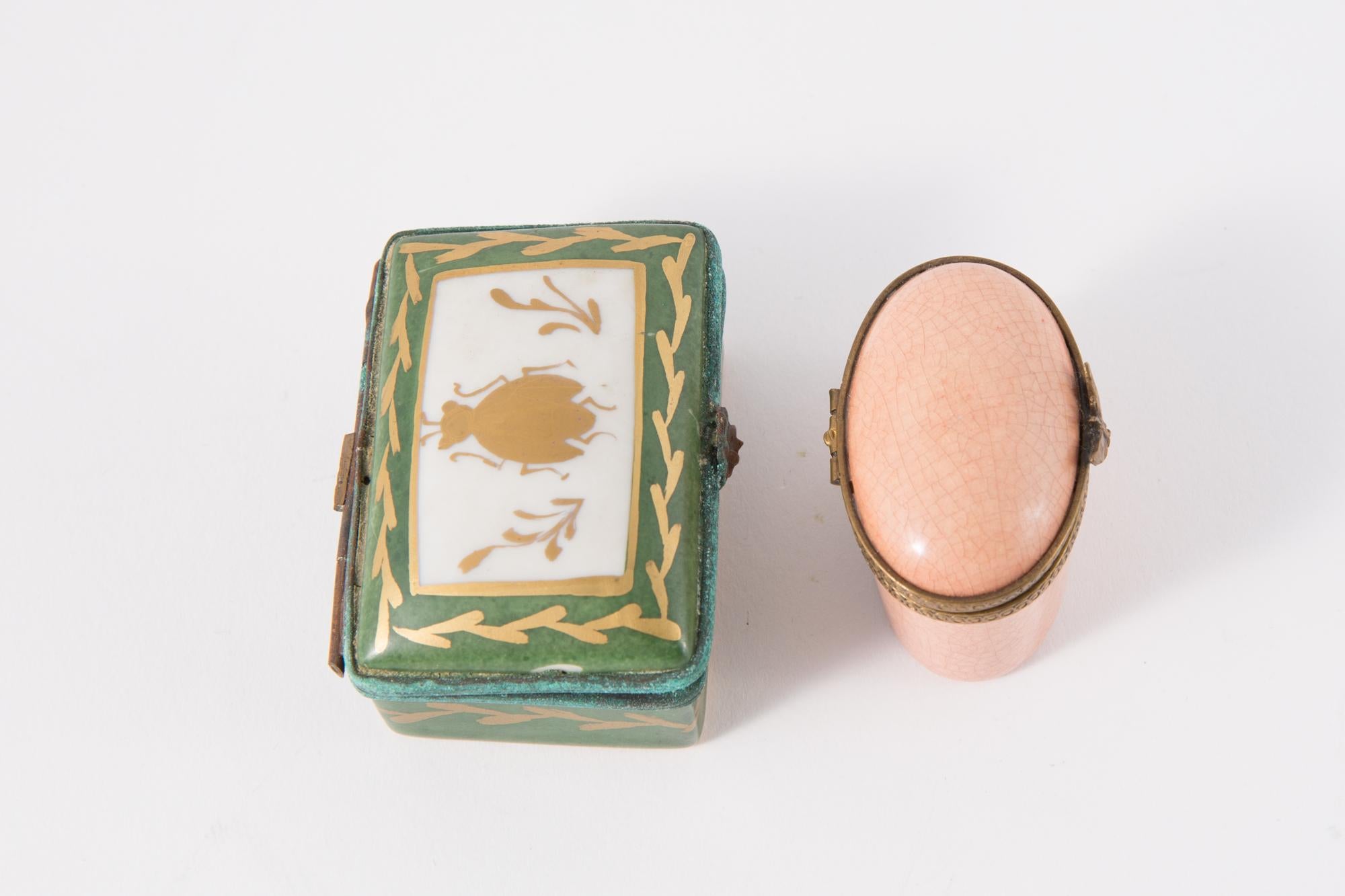 Beige Two Porcelain Pink and Green Medicine or Pill Insect Boxes
