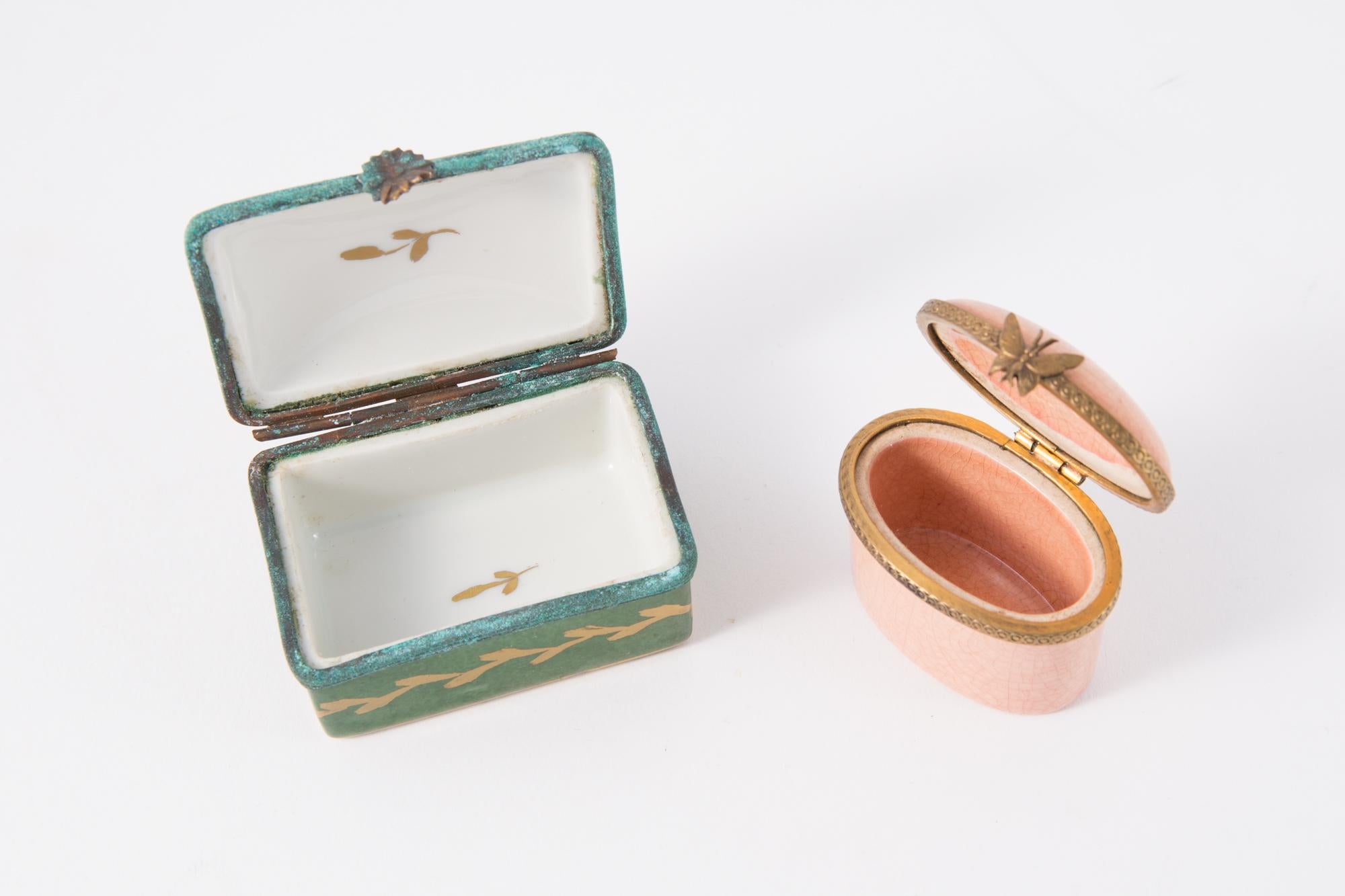 Women's or Men's Two Porcelain Pink and Green Medicine or Pill Insect Boxes