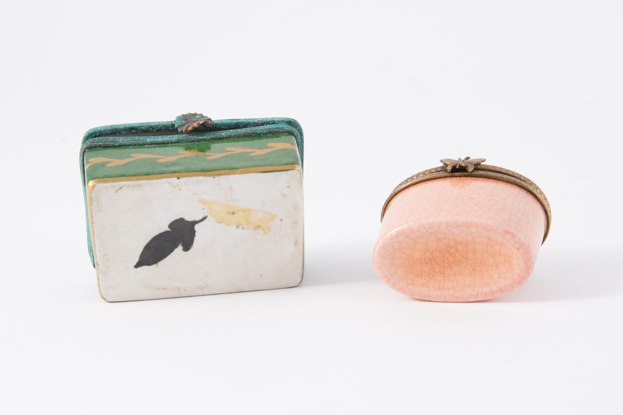 Two Porcelain Pink and Green Medicine or Pill Insect Boxes 1