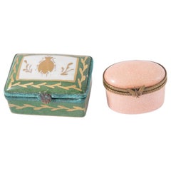 Two Porcelain Pink and Green Medicine or Pill Insect Boxes