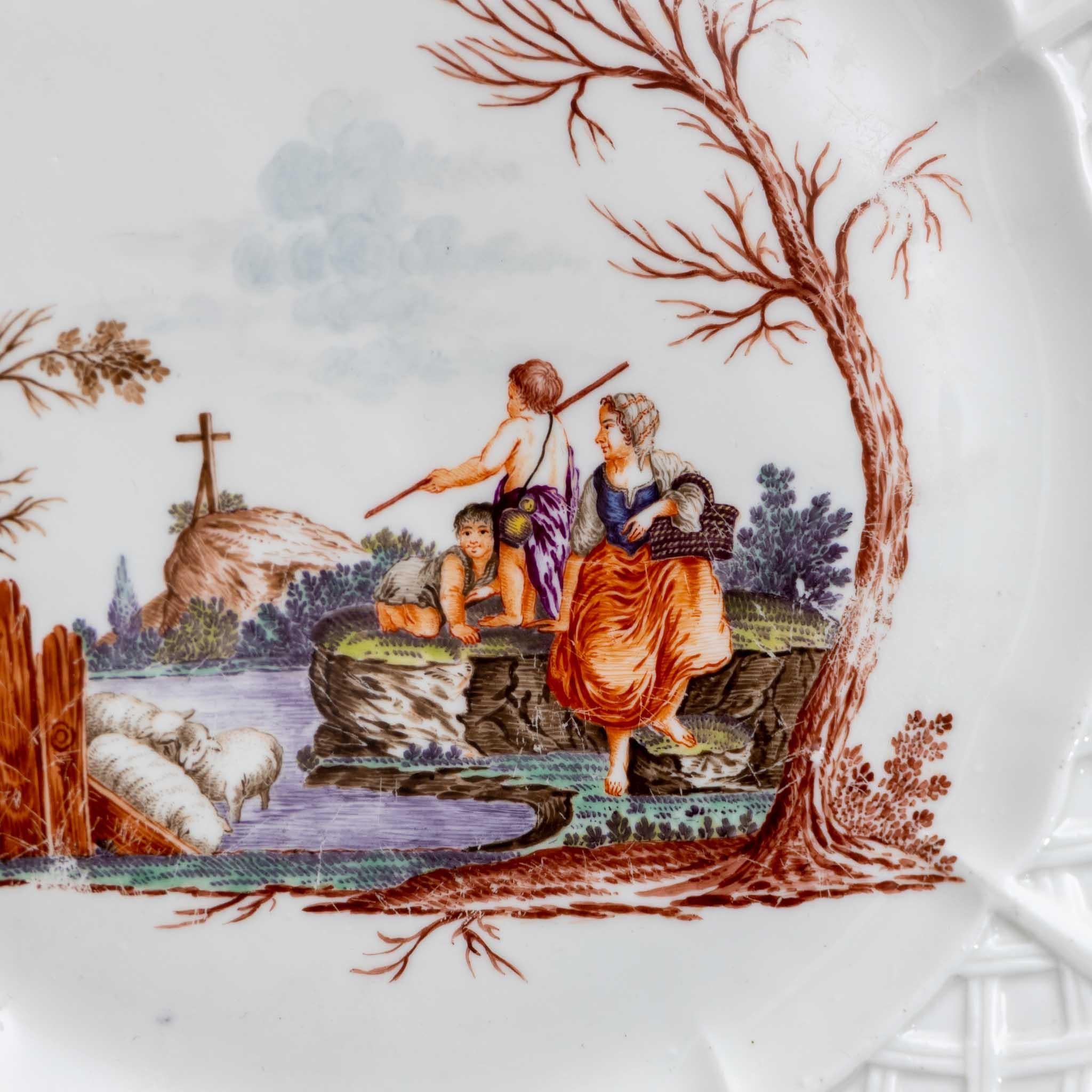 Hand-Painted Two Porcelain Plates with Genre Scenes, Nymphenburg, circa 1770-1775 For Sale