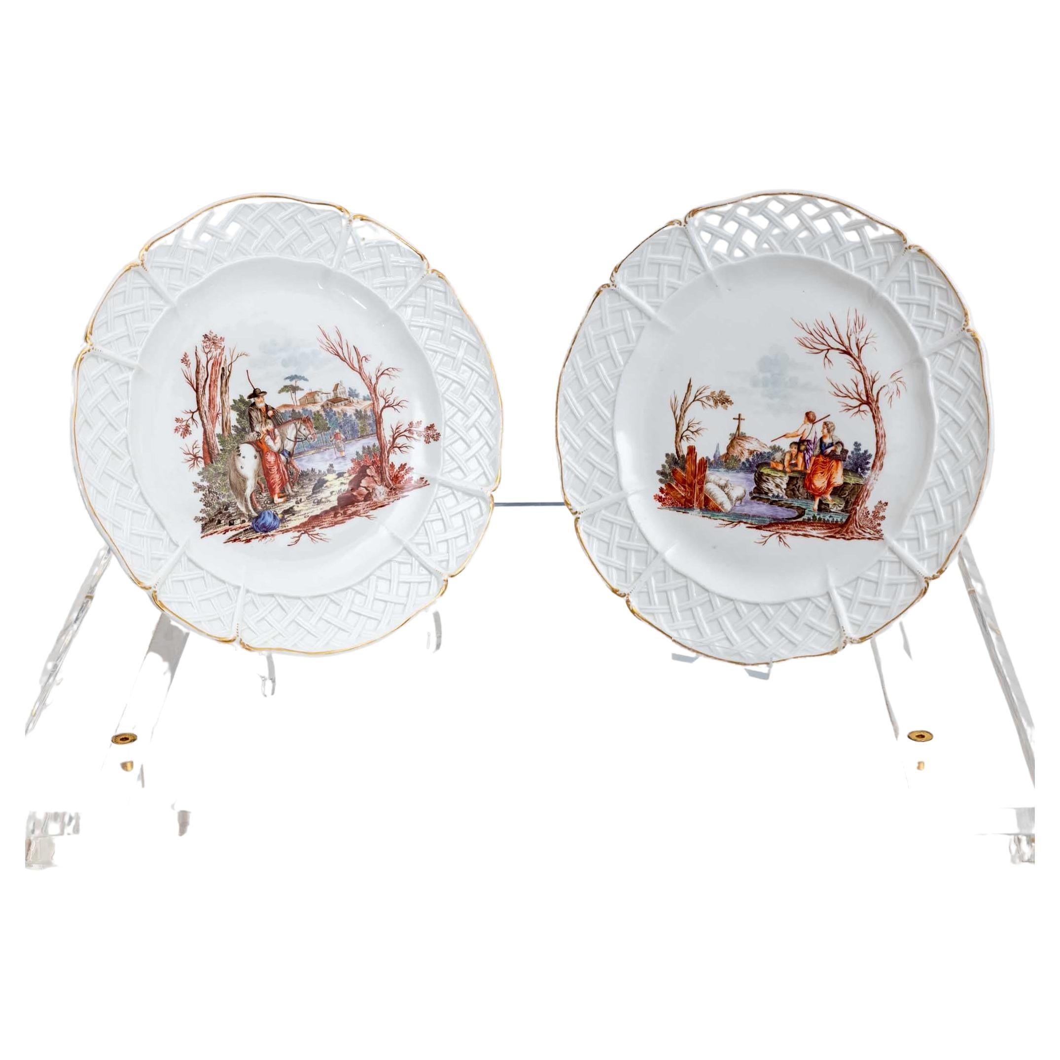 Two Porcelain Plates with Genre Scenes, Nymphenburg, circa 1770-1775 For Sale