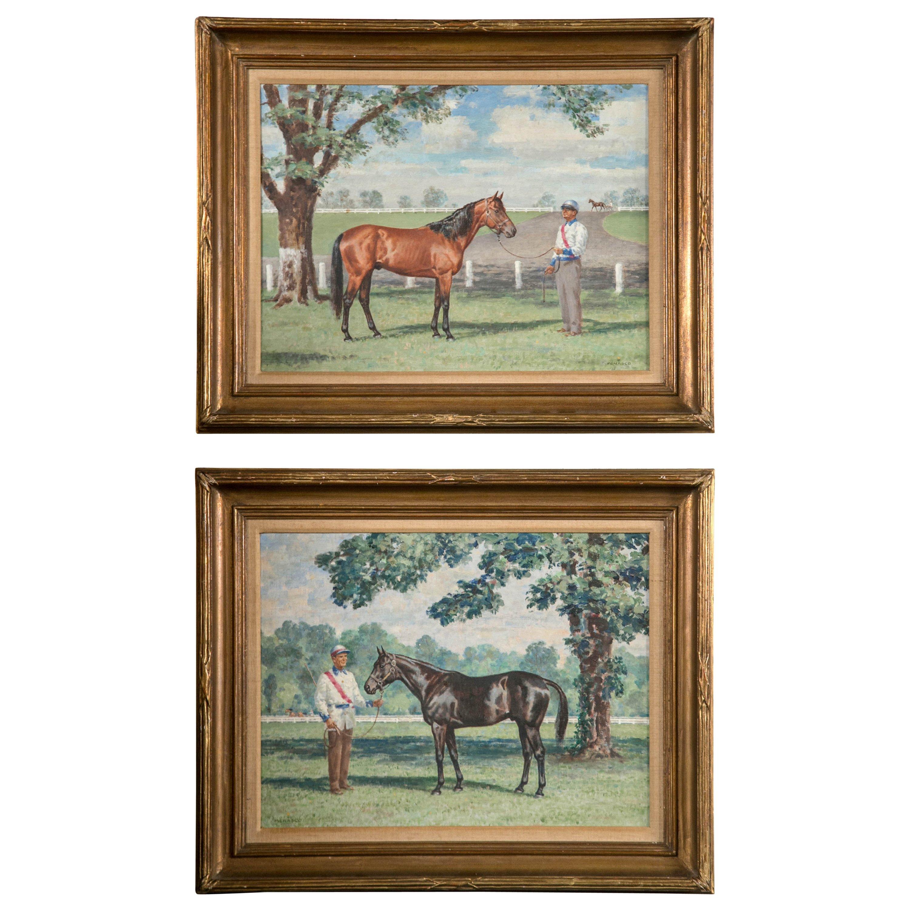 Two  Portraits of Trotters Signed Milton Menasco For Sale