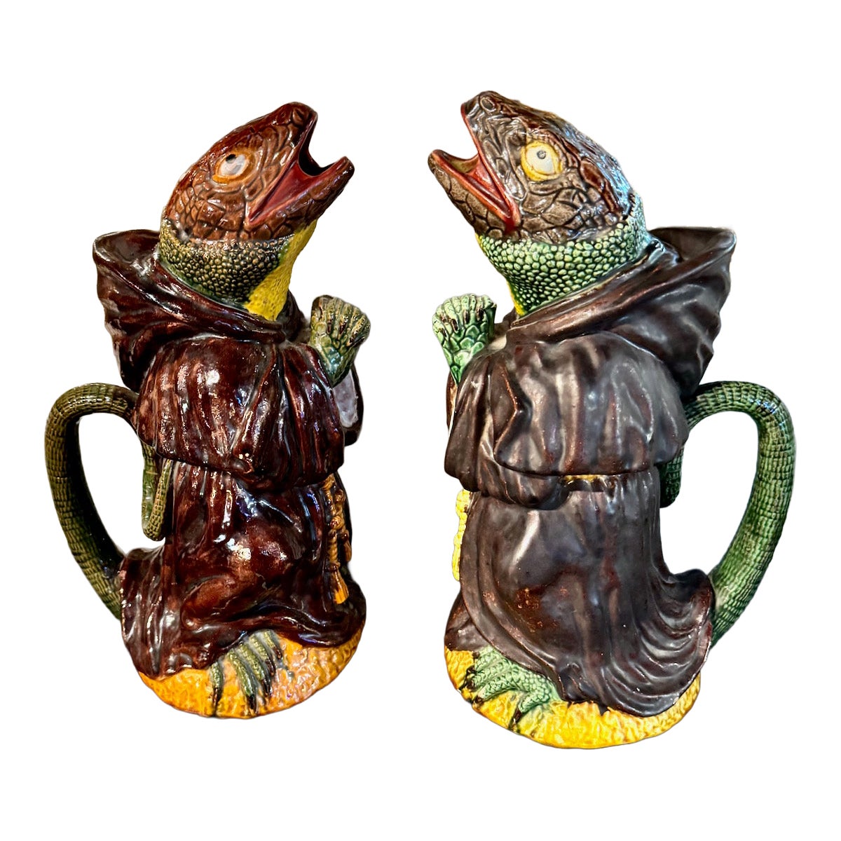 Portuguese Majolica Lizard-Monk Jug by Manuel Marfa