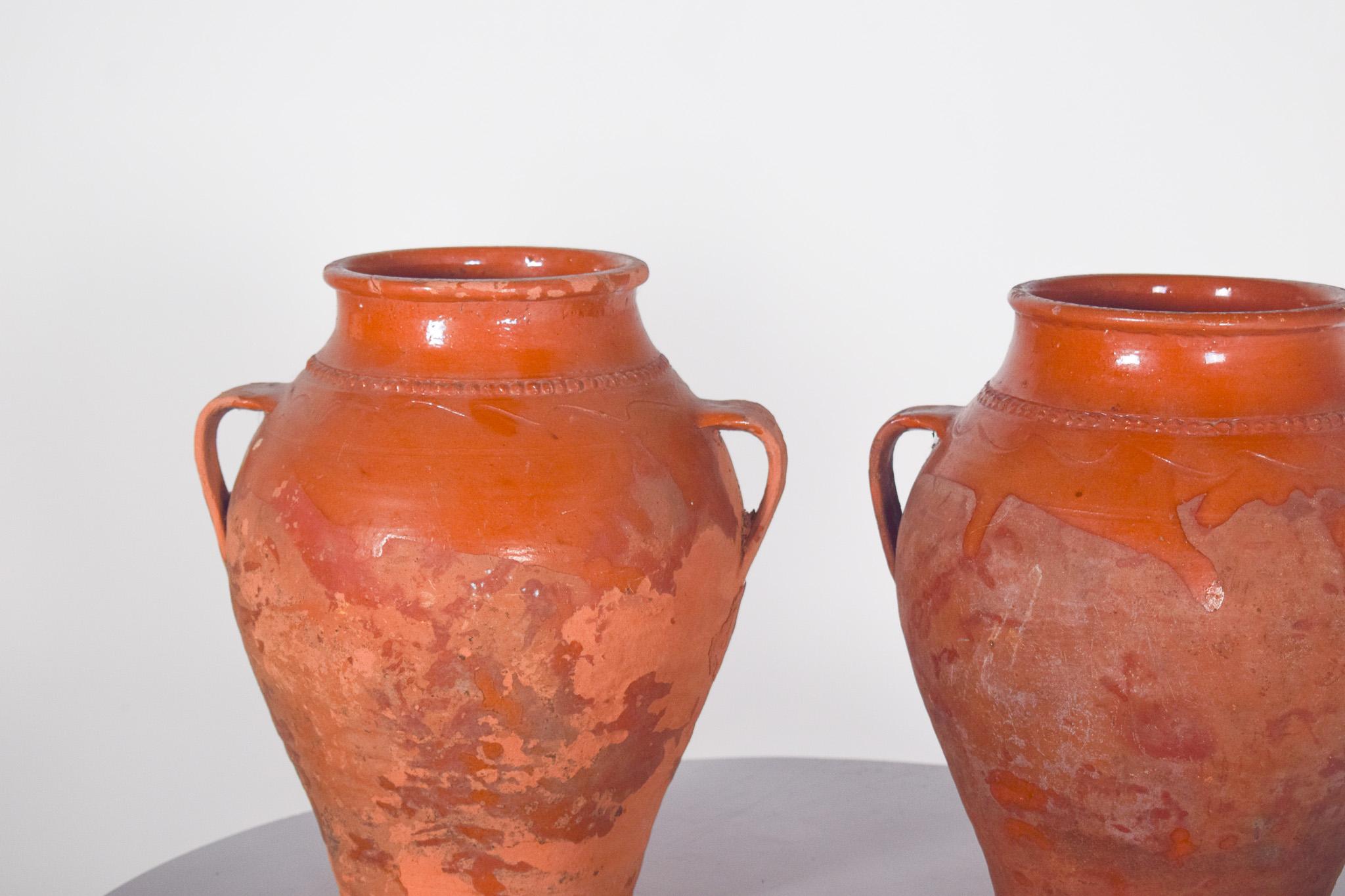 Mid-Century Modern Two Portuguese Terracota Pots with Handles For Sale