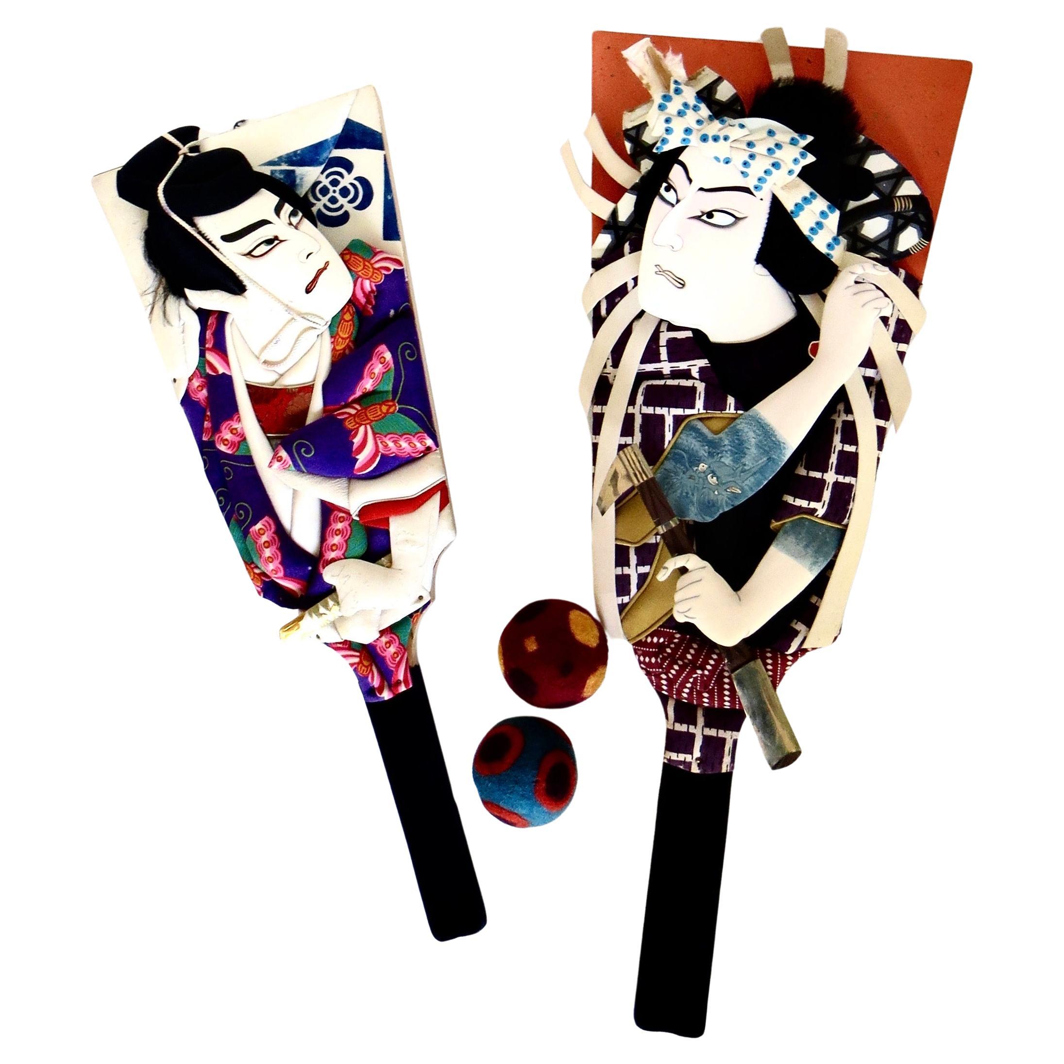 Deux pinces Kabuki d'après-guerre (Hagoita), Japon, vers 1960 en vente