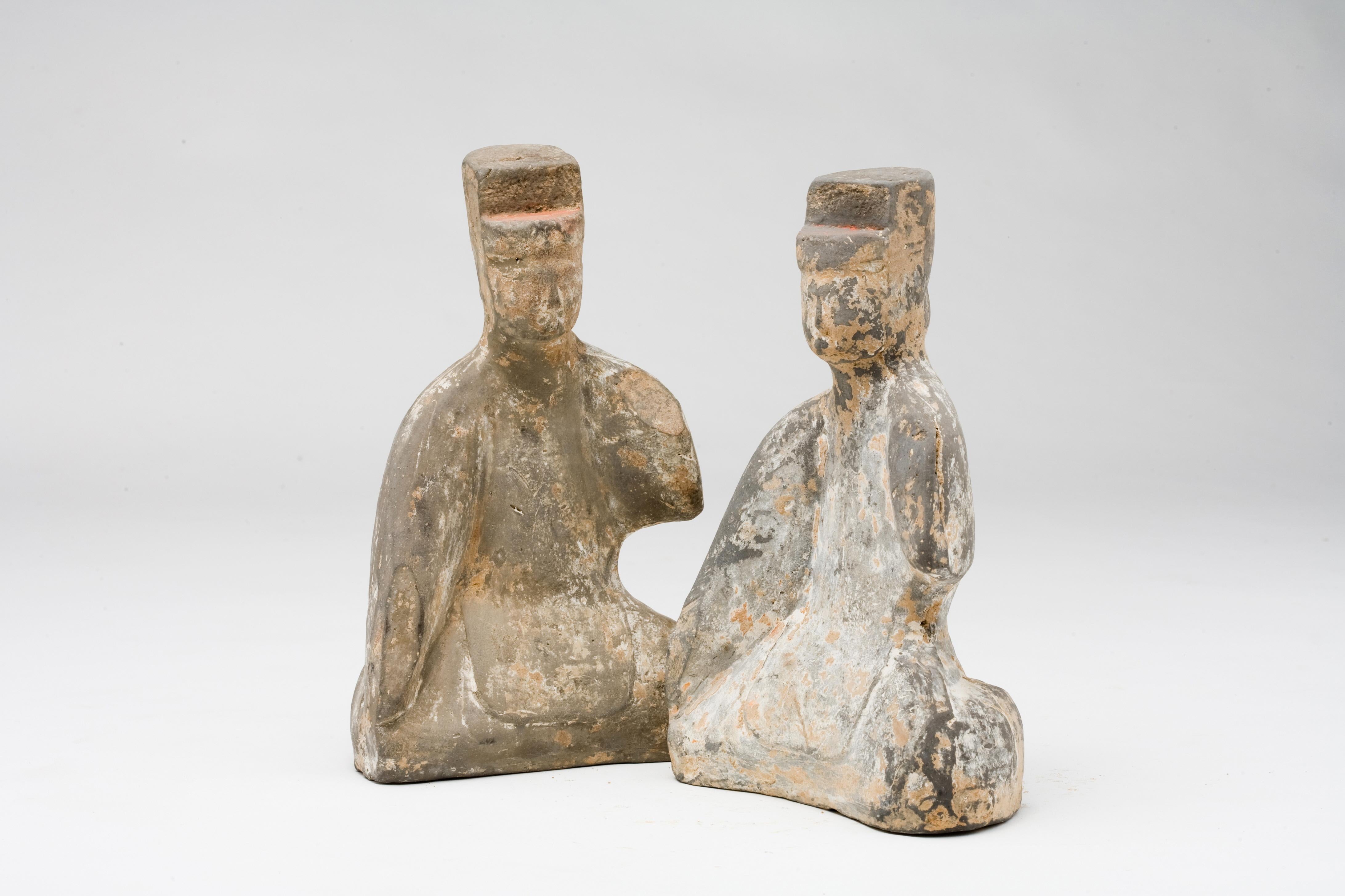 Hong Kong Two Pottery Kneeling Figures of Attendant, Han dynasty For Sale